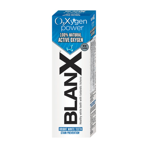 Blanx O3X oxygen power toothpaste box with blue and white design on a white background
