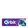 Packaging of Orbit Blueberry Sugarfree Chewing Gum, displaying the brand logo and the flavor name with a background of blueberries.