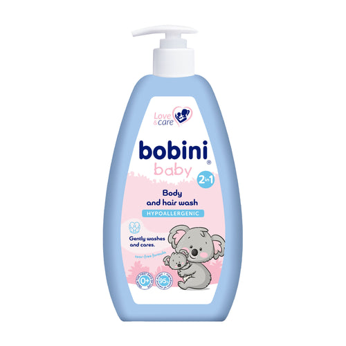 Bobini Baby Hypoallergenic 2in1 Body & Hair Wash bottle on a white background.