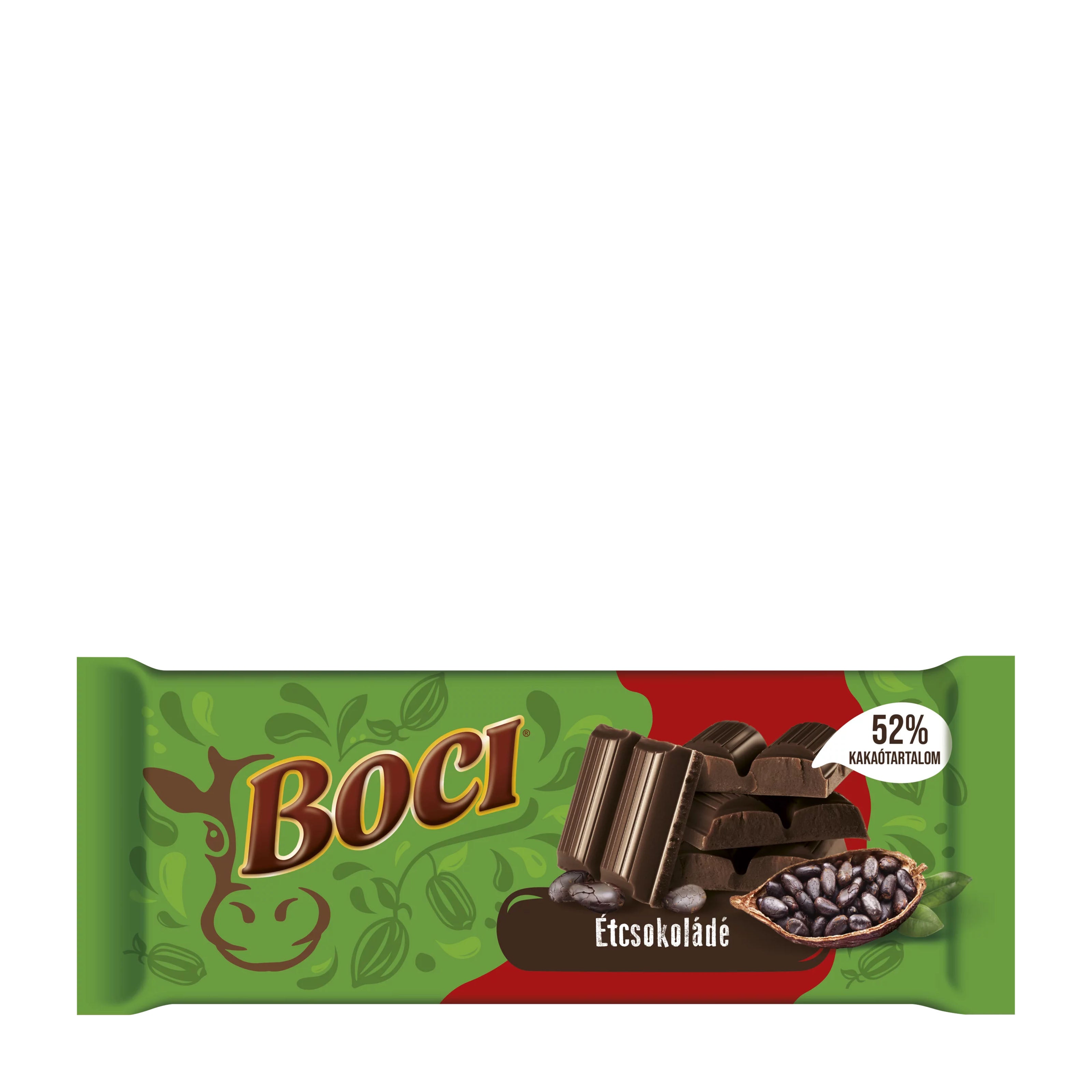 Boci dark chocolate bar packaging with green and red design on a white background