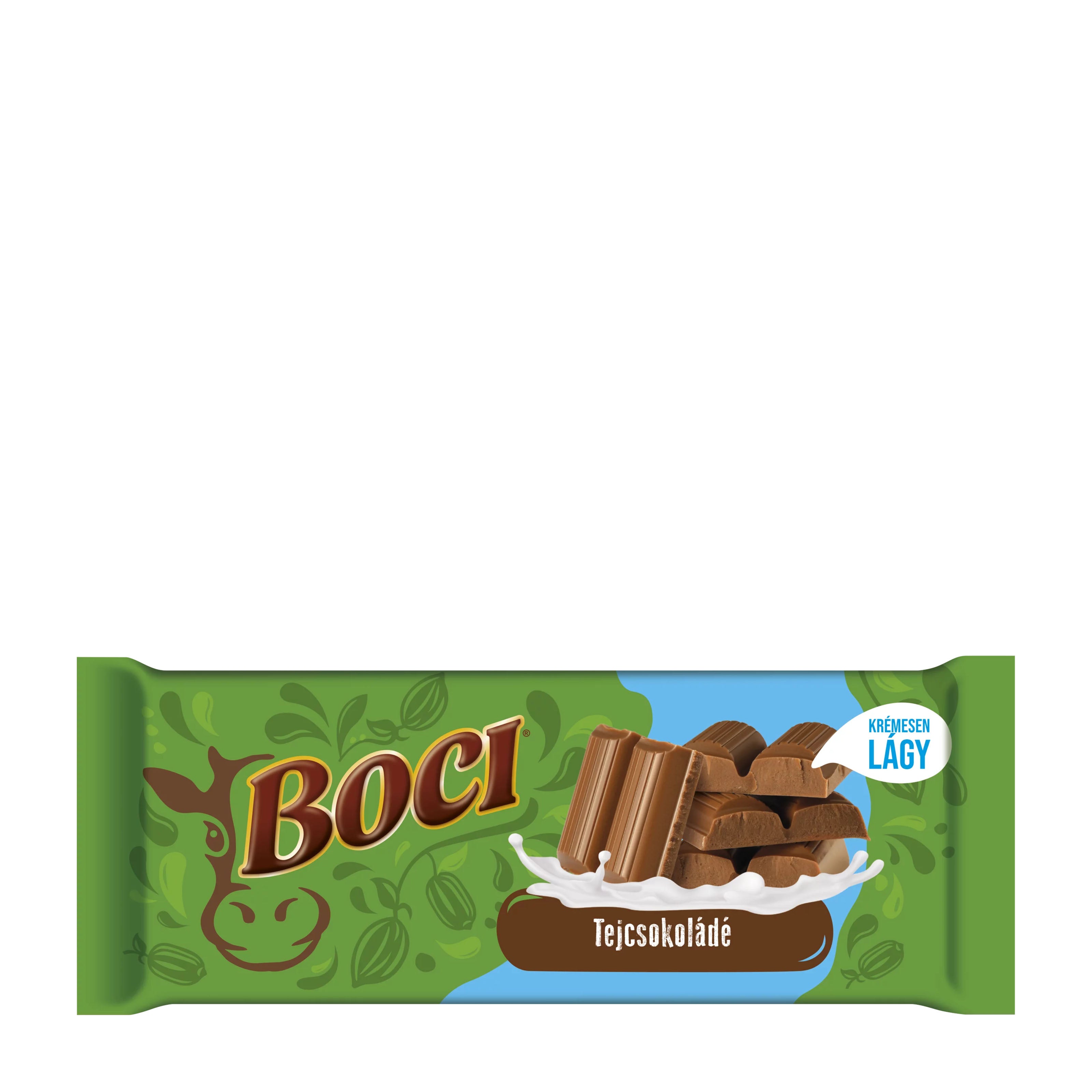 Boci Milk chocolate bar packaging with green background