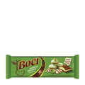 Green packaging of Boci pistachio macaron milk chocolate bar with a white background