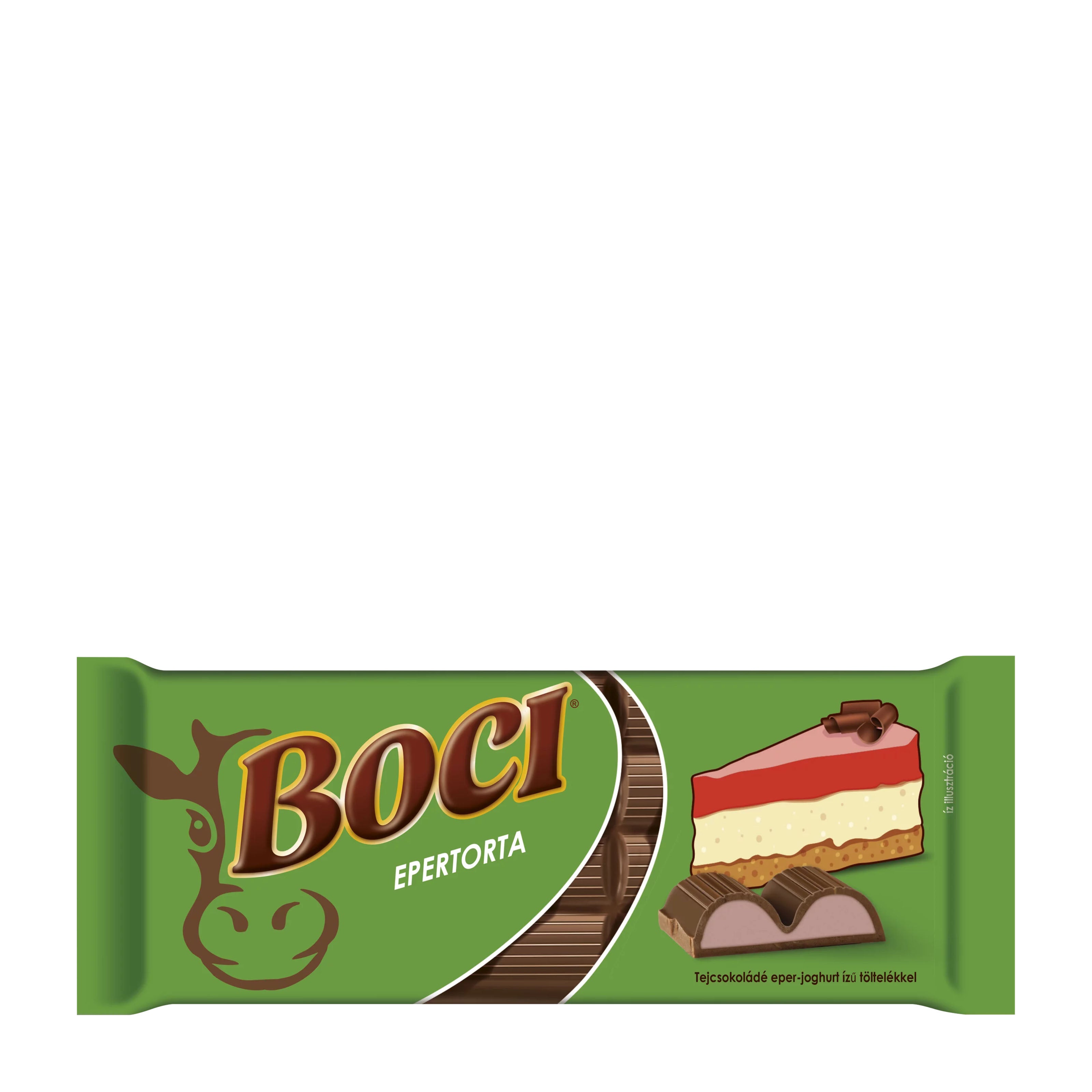 Green packaging of Boci Strawberry Cake milk chocolate bar with a slice of cake illustration on a white background