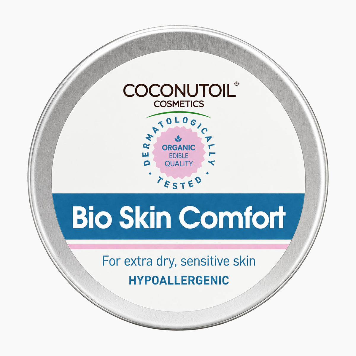 A round silver metal tin of Coconutoil Cosmetics Bio Skin Comfort hypoallergenic body butter, featuring a white label with blue and pink accents, on a light gray background.