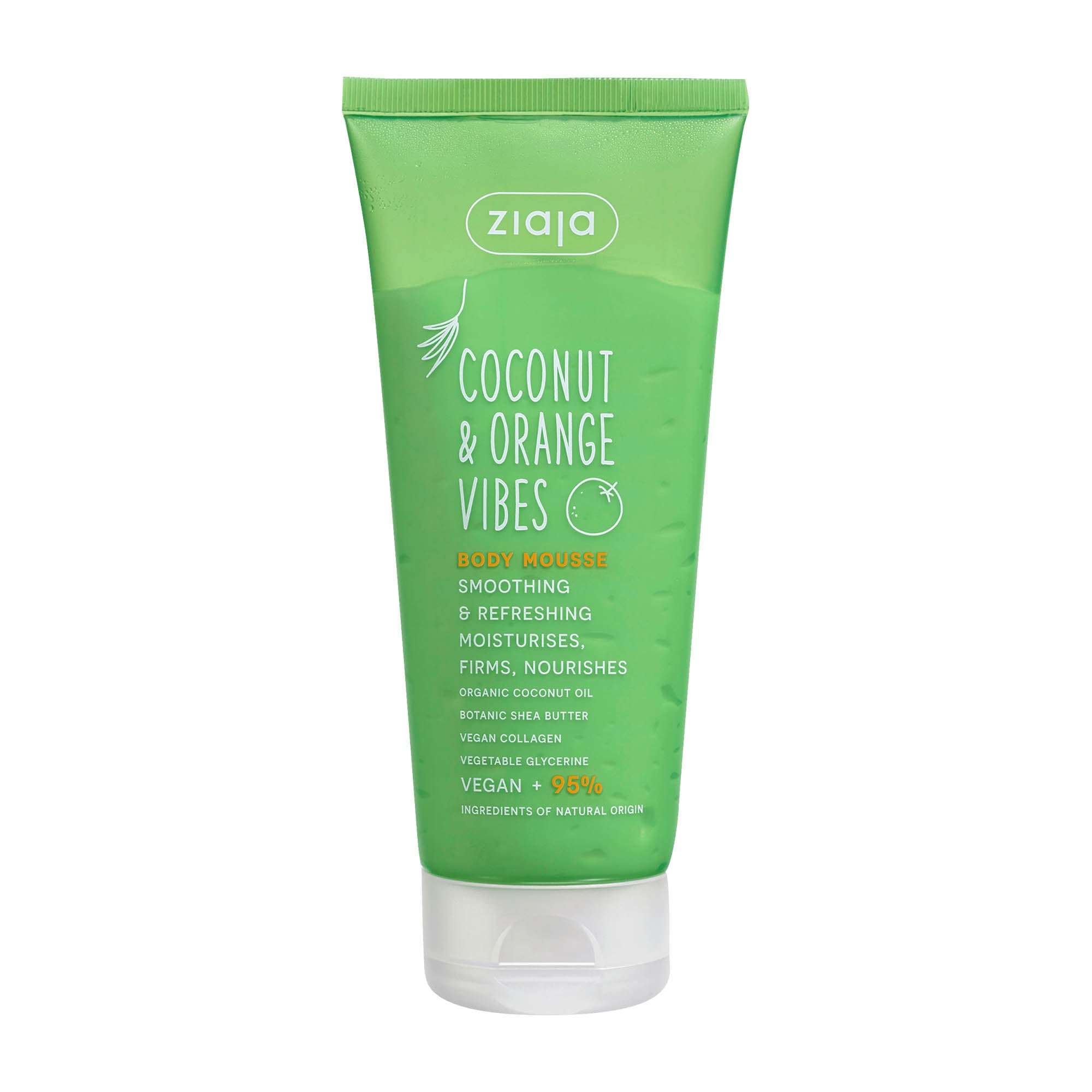 A tube of Ziaja Coconut & Orange Vibes body mousse with a green label, indicating it is a vegan product suitable for dry, dehydrated, or normal skin.