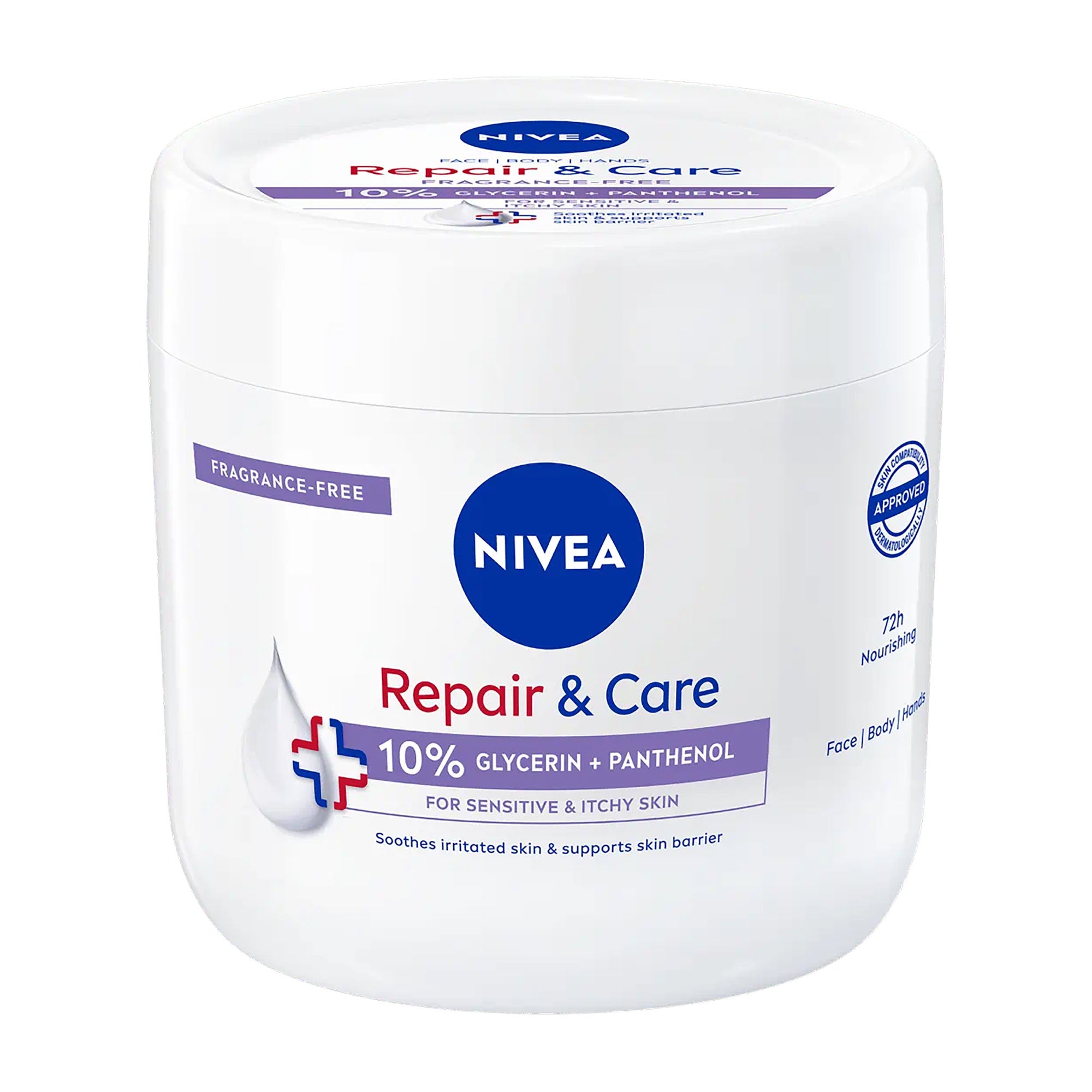 Nivea Repair & Care Glycerin + Panthenol body cream jar on a white background