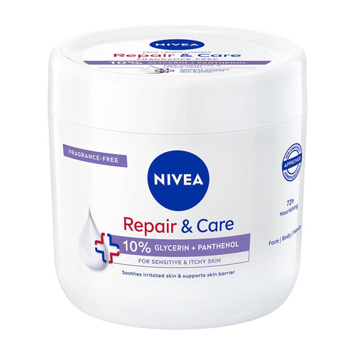 Nivea Repair & Care Glycerin + Panthenol body cream jar on a white background