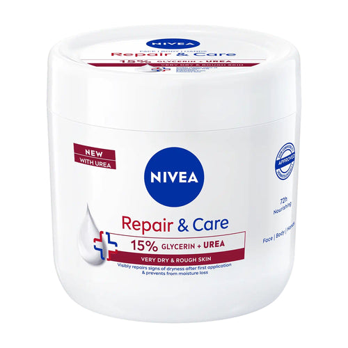 Nivea Repair & Care Glycerin + Urea body cream jar on a white background