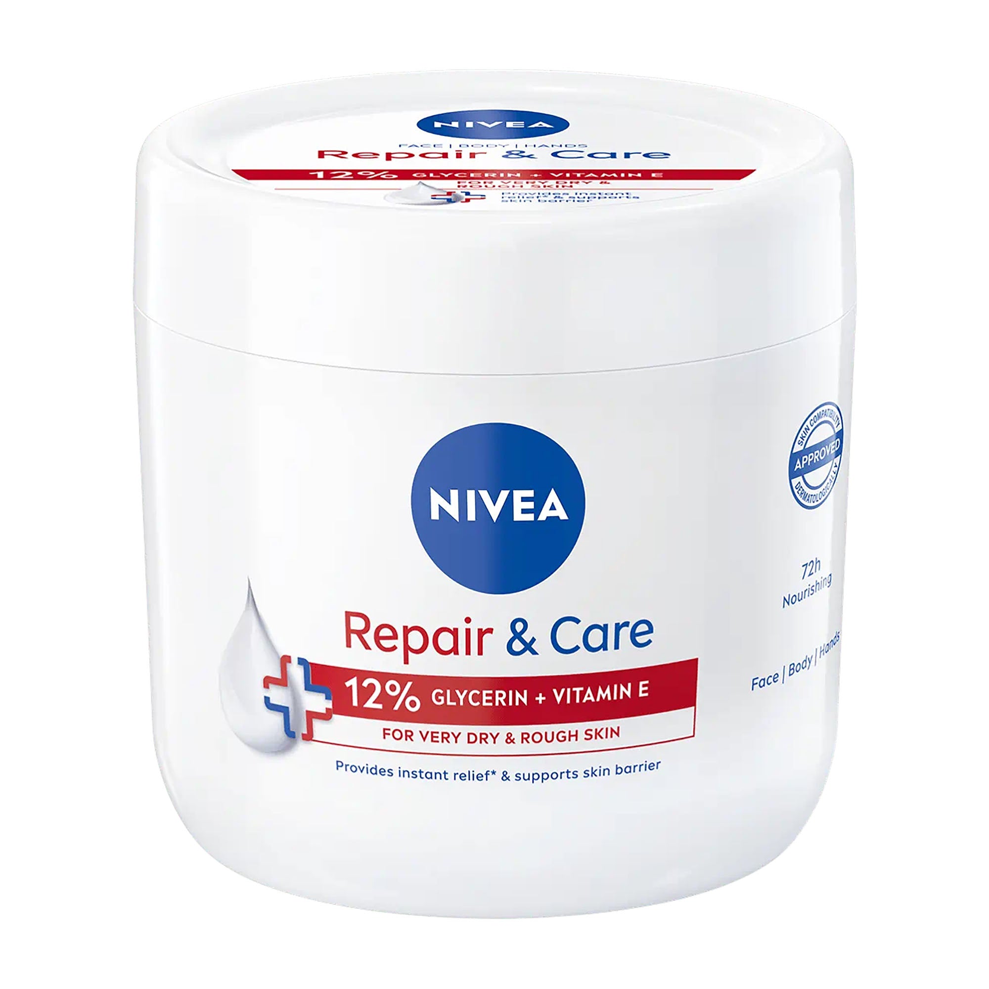 Nivea Repair & Care Glycerin + Vitamin E body cream jar on a white background