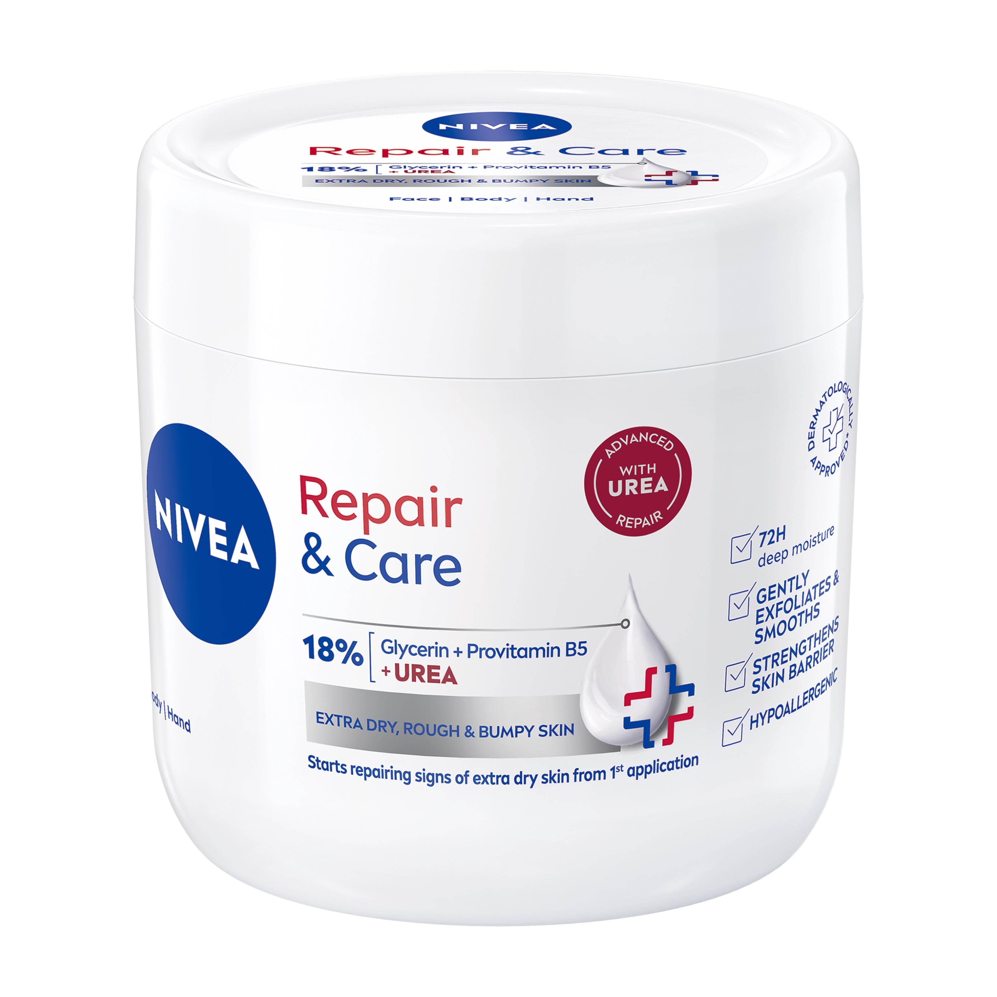 Nivea Repair & Care Urea body cream jar on a white background
