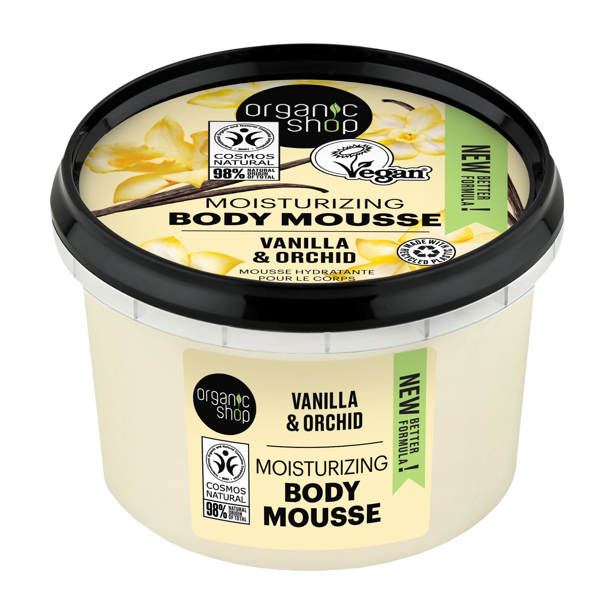 Container of Organic Shop Vanilla & Orchid Moisturizing Body Mousse on a white background