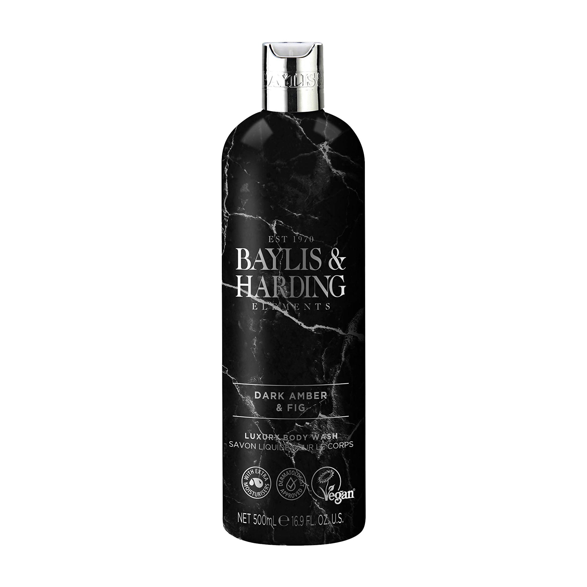 A bottle of Baylis & Harding Dark Amber & Fig luxury body wash, 500 mL with a black and white design.