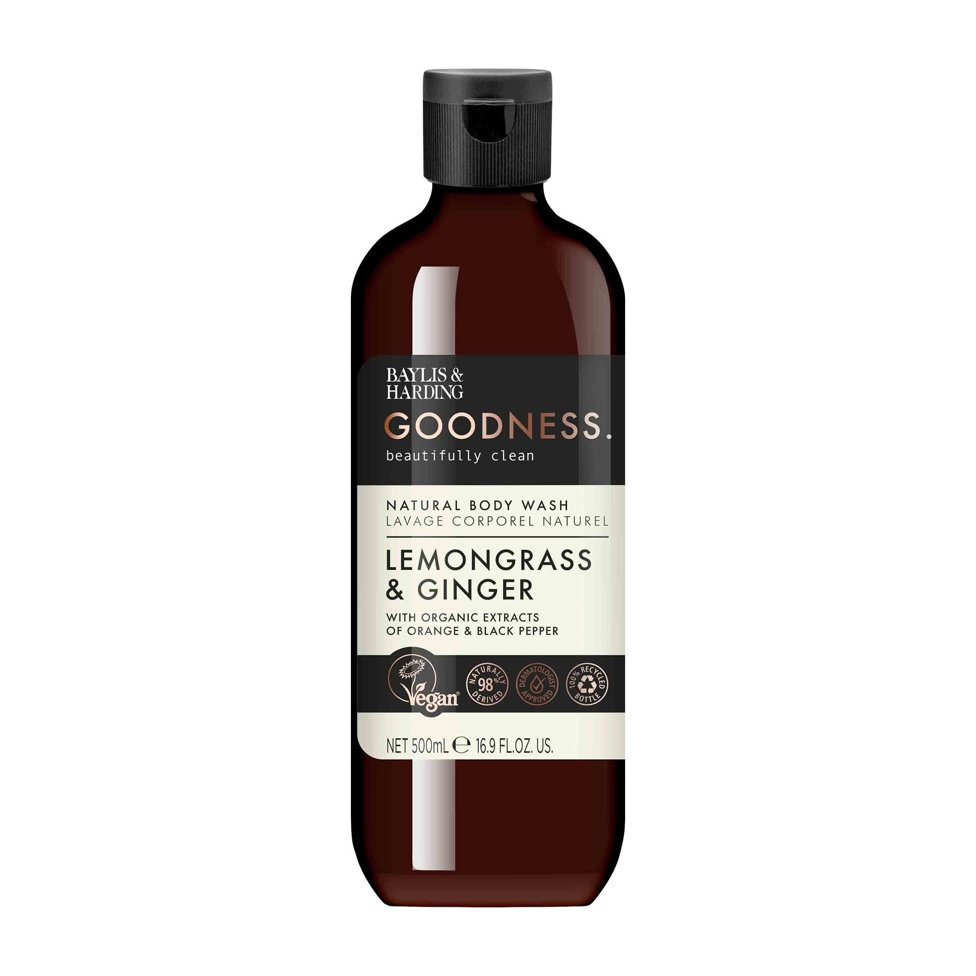 Baylis & Harding Lemongrass & Ginger natural body wash in a 500 mL brown recyclable bottle.