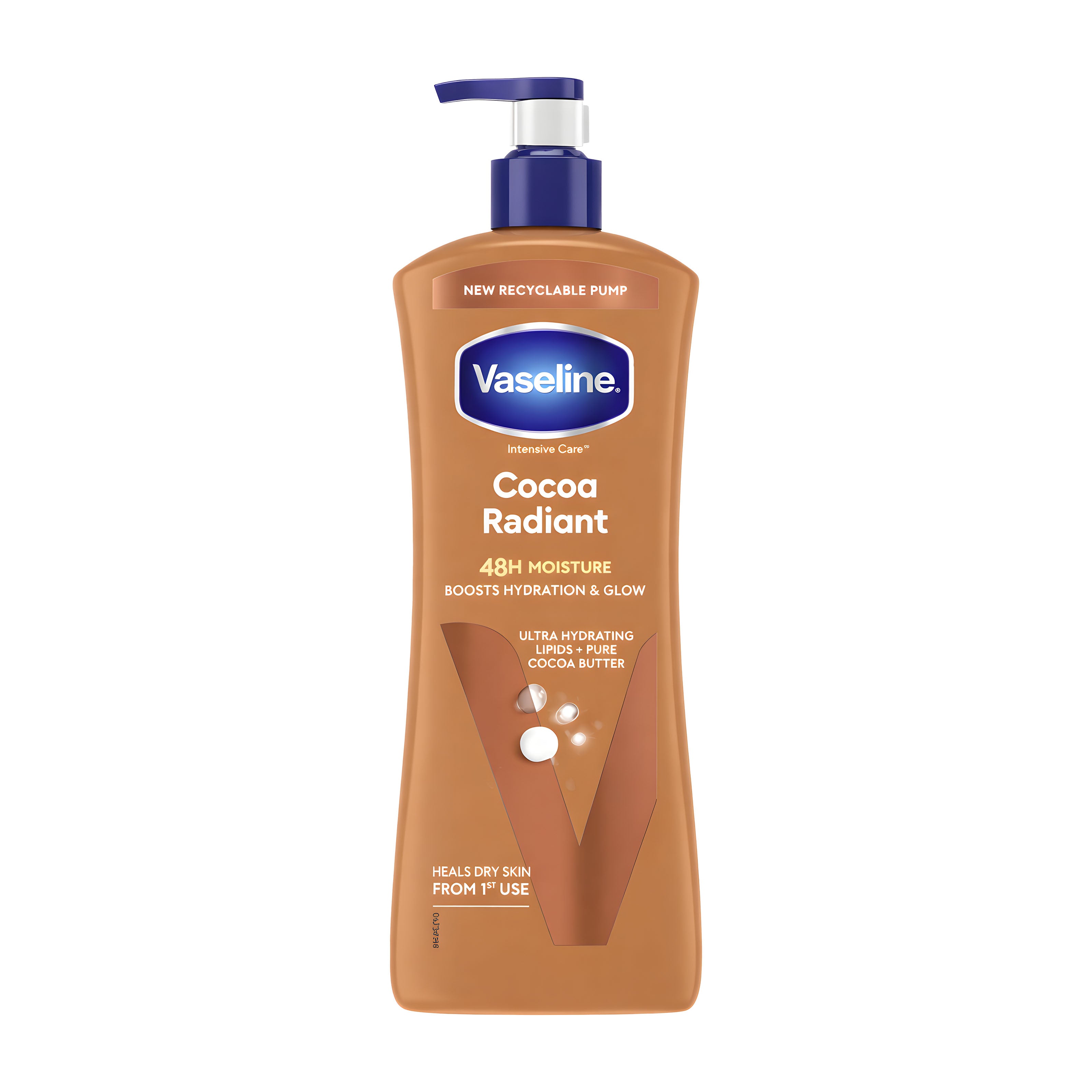 Pump bottle of Vaseline Intensive Care Cocoa Radiant body lotion on a white background.