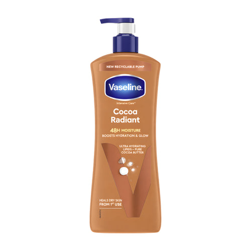 Pump bottle of Vaseline Intensive Care Cocoa Radiant body lotion on a white background.