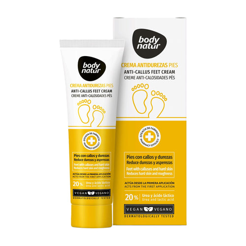 Body Natur anti-callus feet cream packaging and tube on a white background