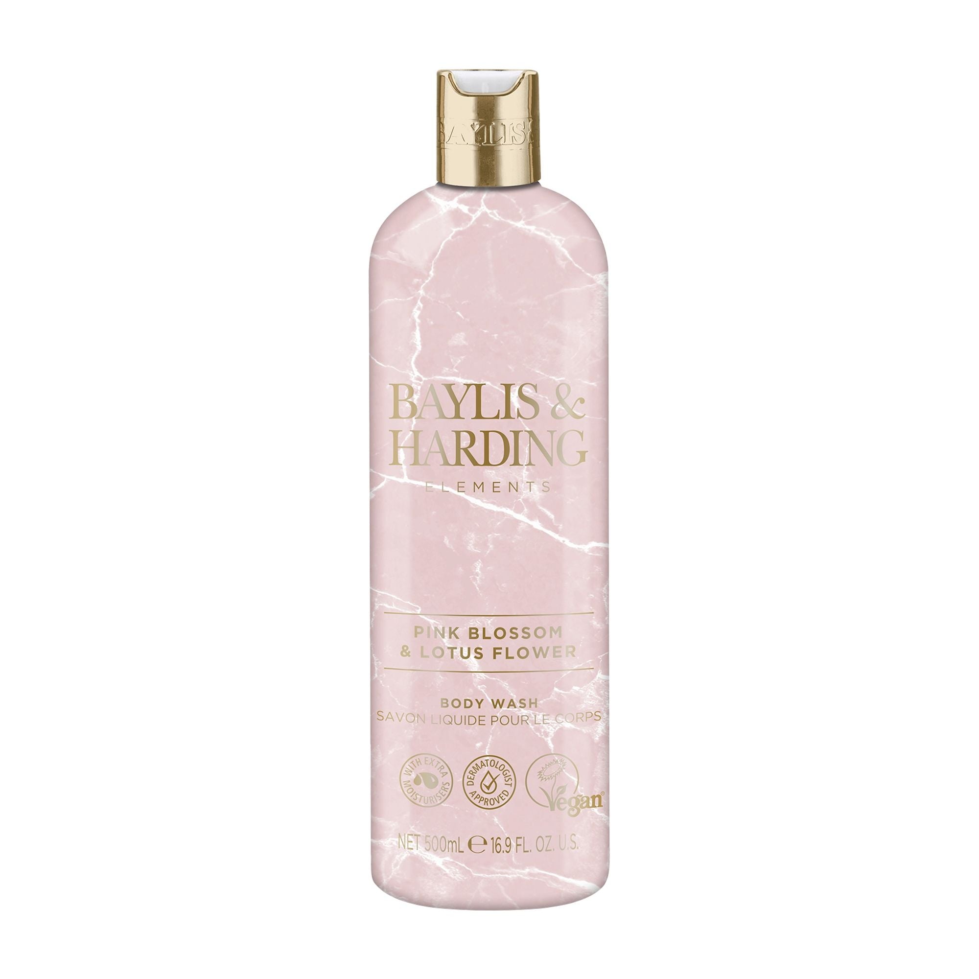 Bottle of Baylis & Harding Pink Blossom & Lotus Flower luxury body wash with a marble-effect design.