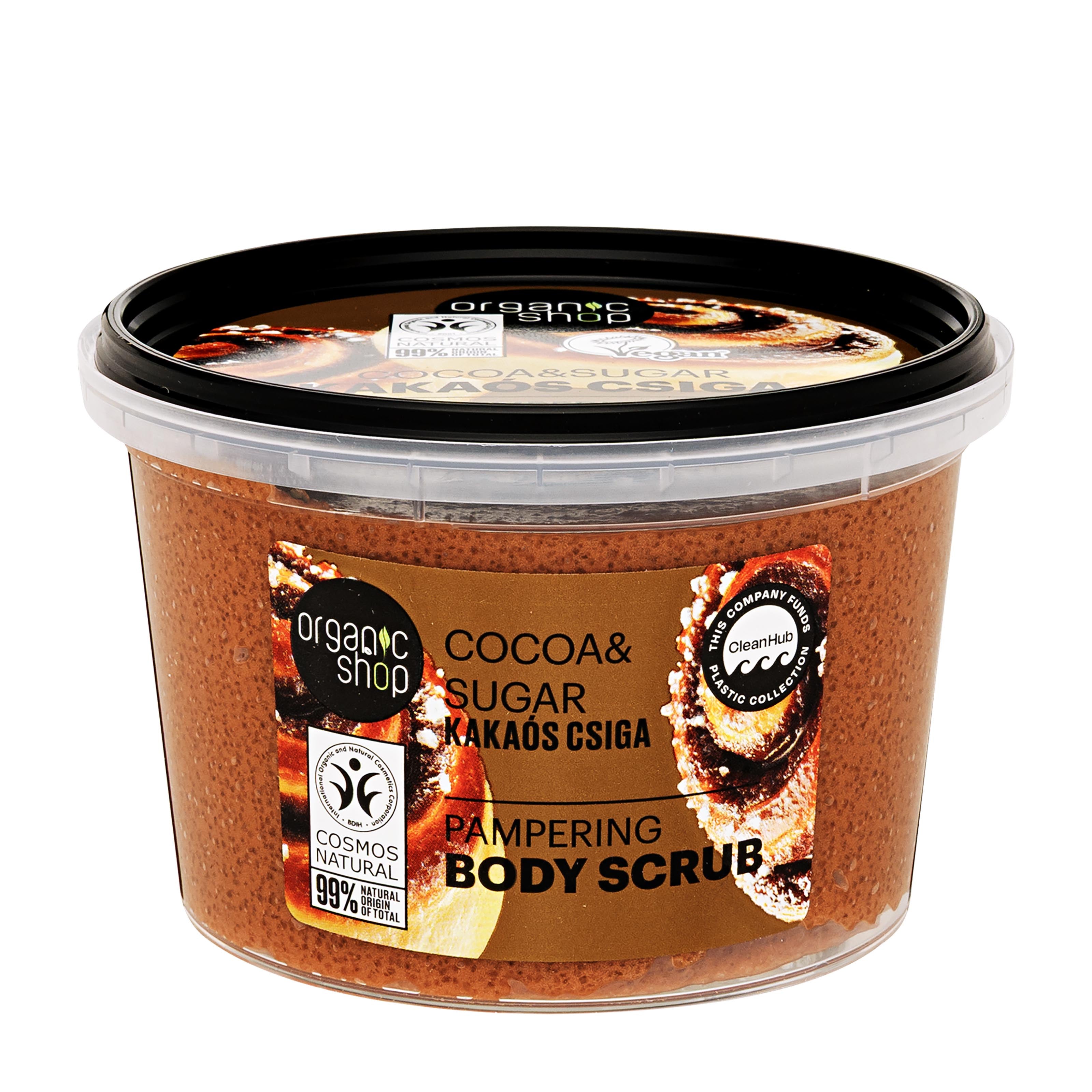 Organic Shop Cocoa and Sugar Pampering body scrub container on a white background