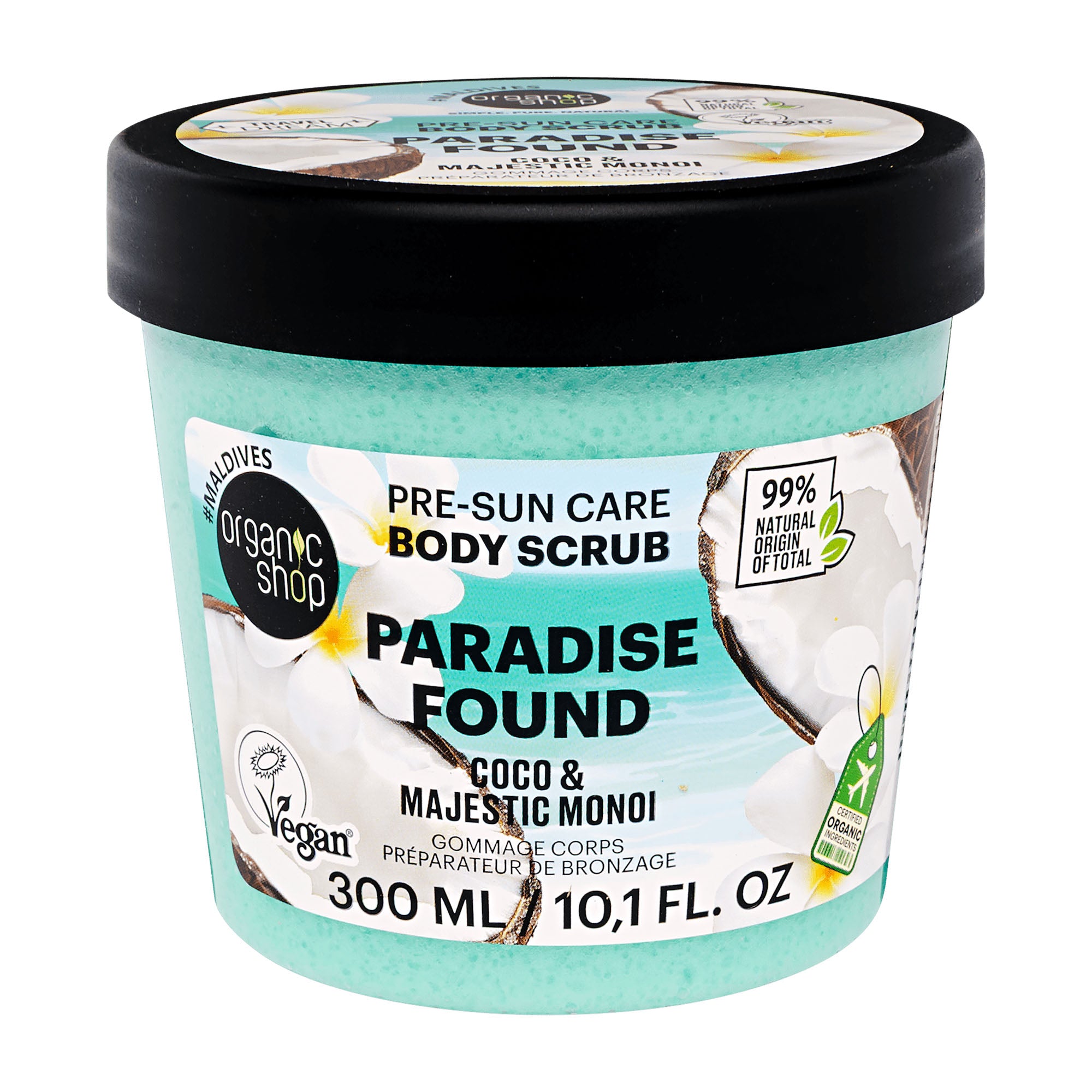 Organic Shop Body scrub container labeled 'Paradise Found' with coconut and flower design on a white background