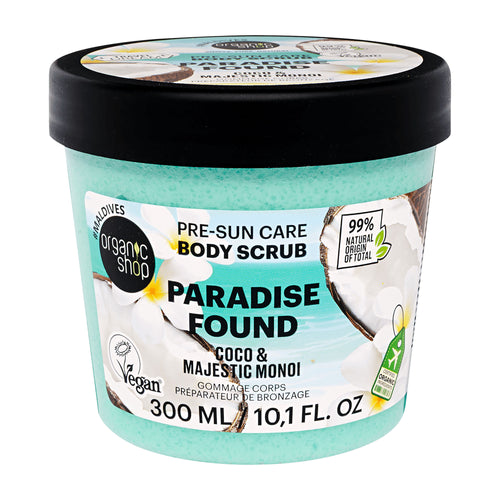Organic Shop Body scrub container labeled 'Paradise Found' with coconut and flower design on a white background