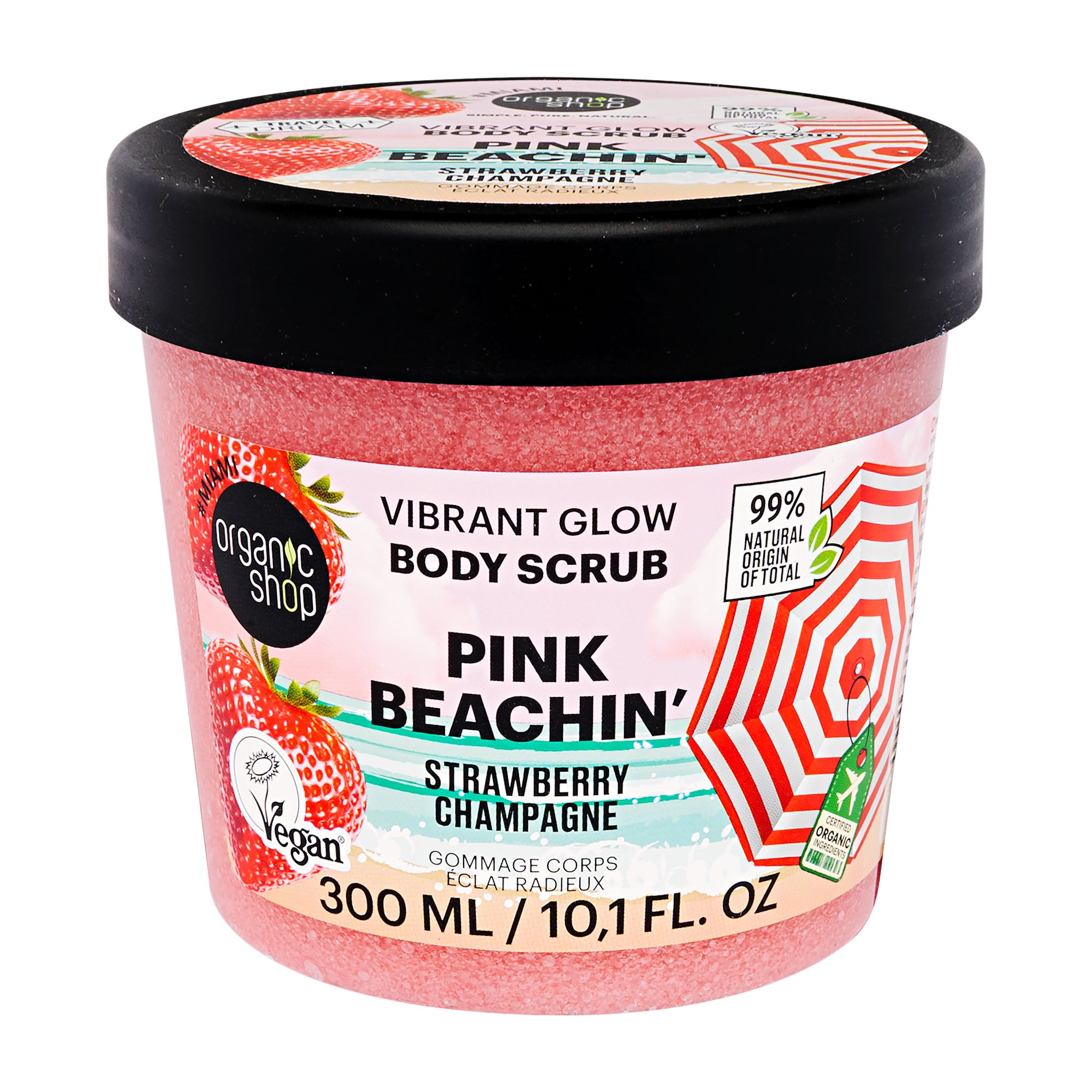 Pink Beachin' Strawberry Champagne body scrub container with black lid on a white background