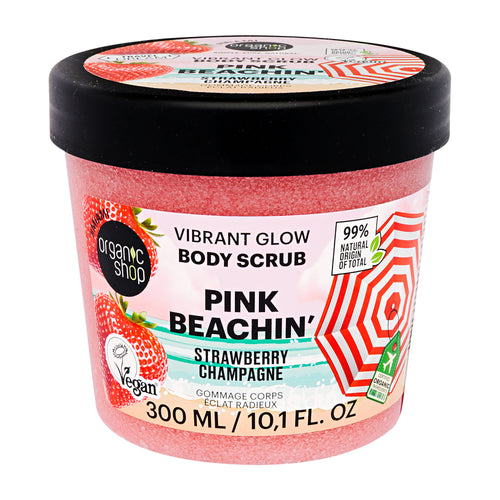 Pink Beachin' Strawberry Champagne body scrub container with black lid on a white background
