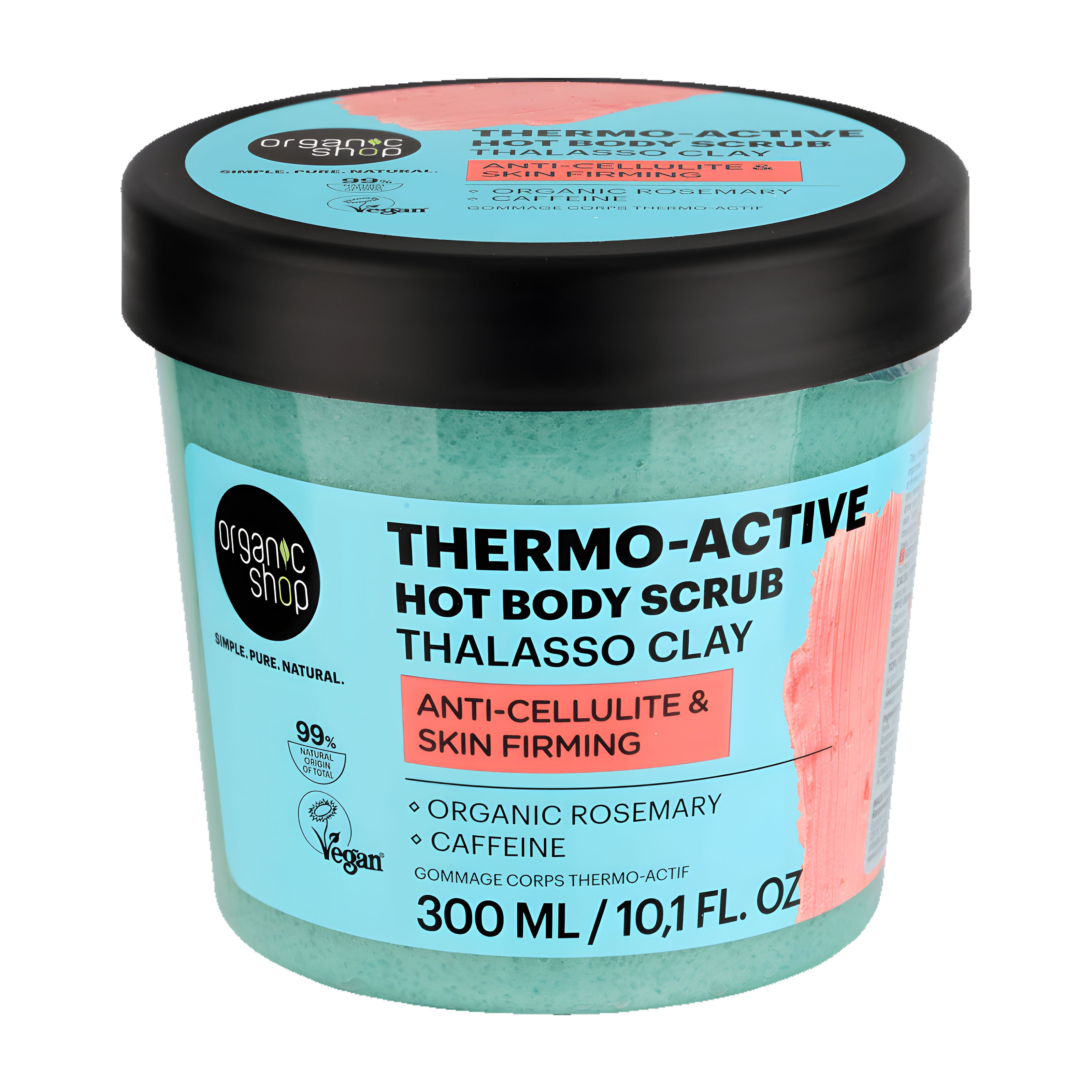 Organic Shop Thermo-active anti-cellulite & skin firming hot body scrub container with black lid on a white background