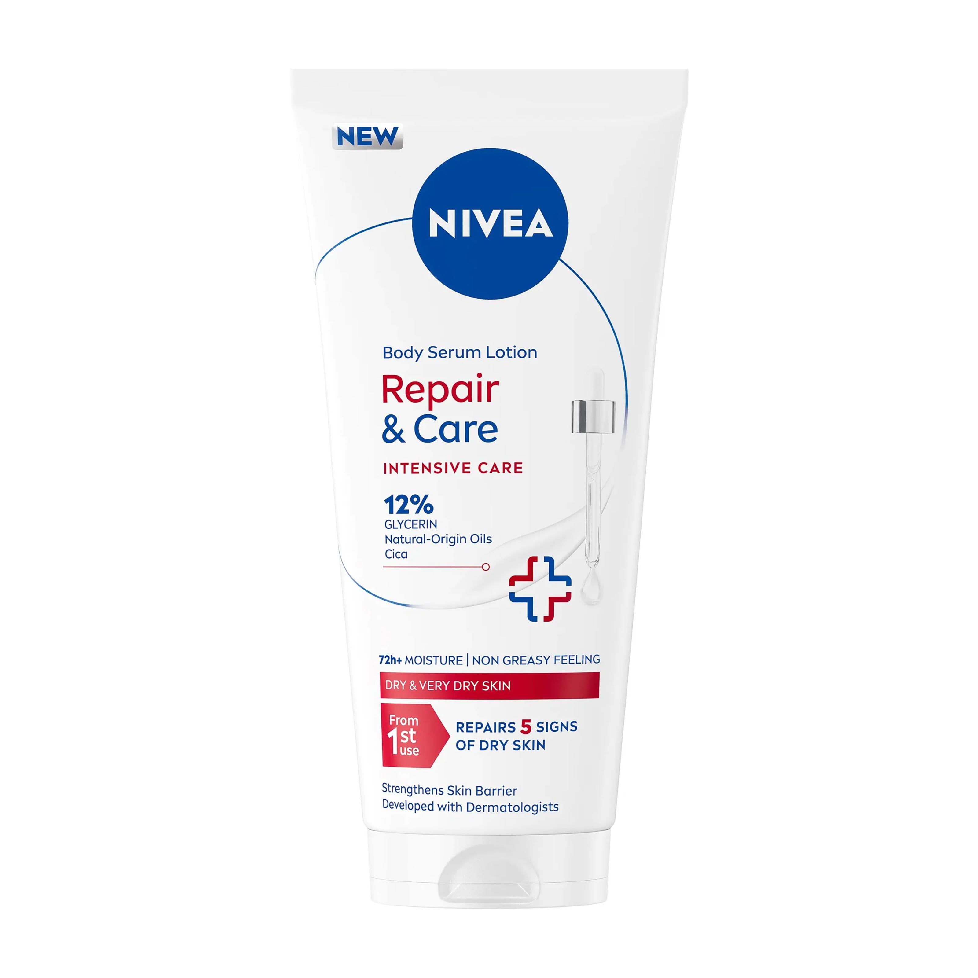 Nivea Repair & Care body serum lotion tube on a white background