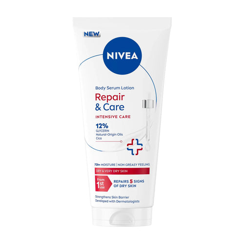 Nivea Repair & Care body serum lotion tube on a white background
