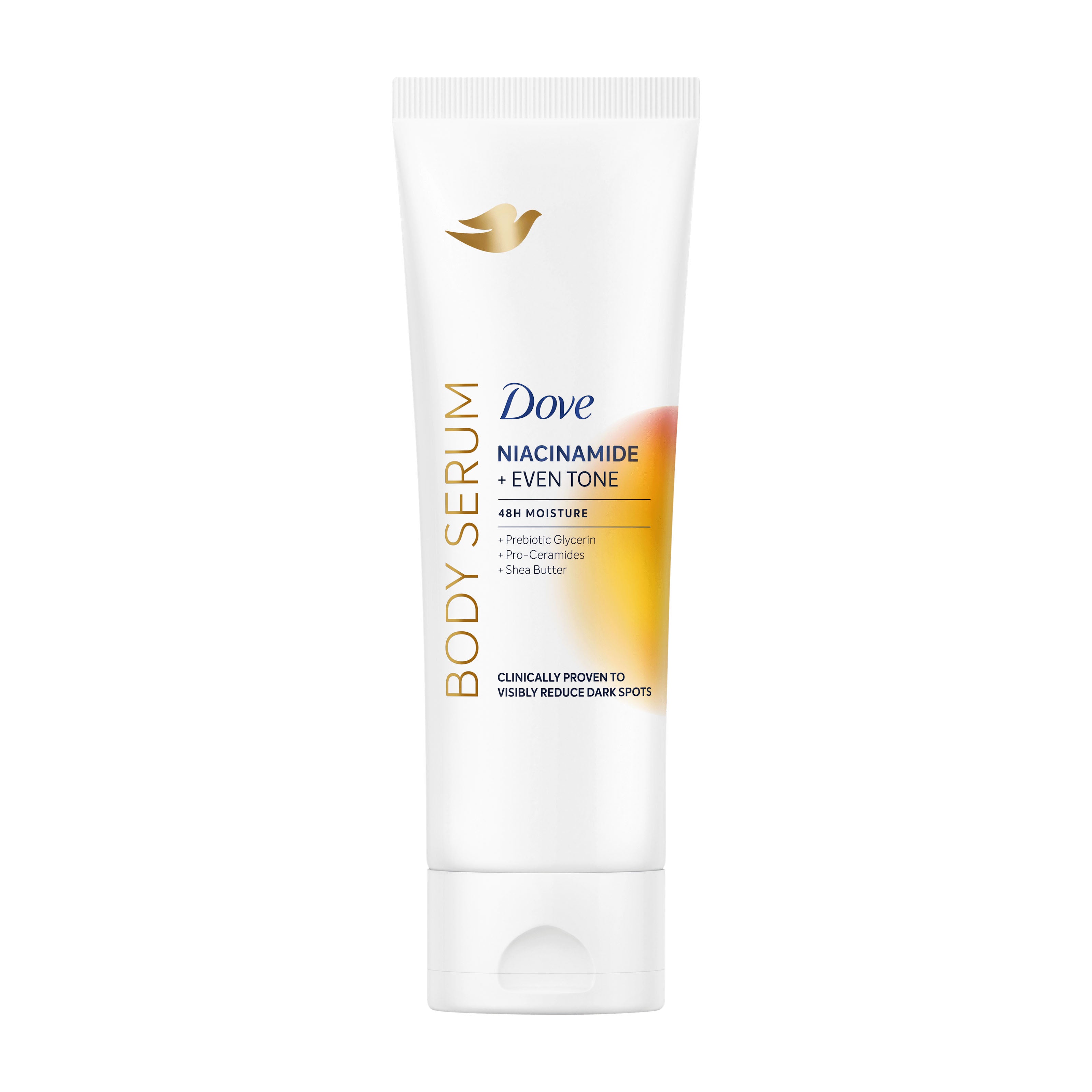 Dove Niacinamide + Even Tone body serum tube on a white background