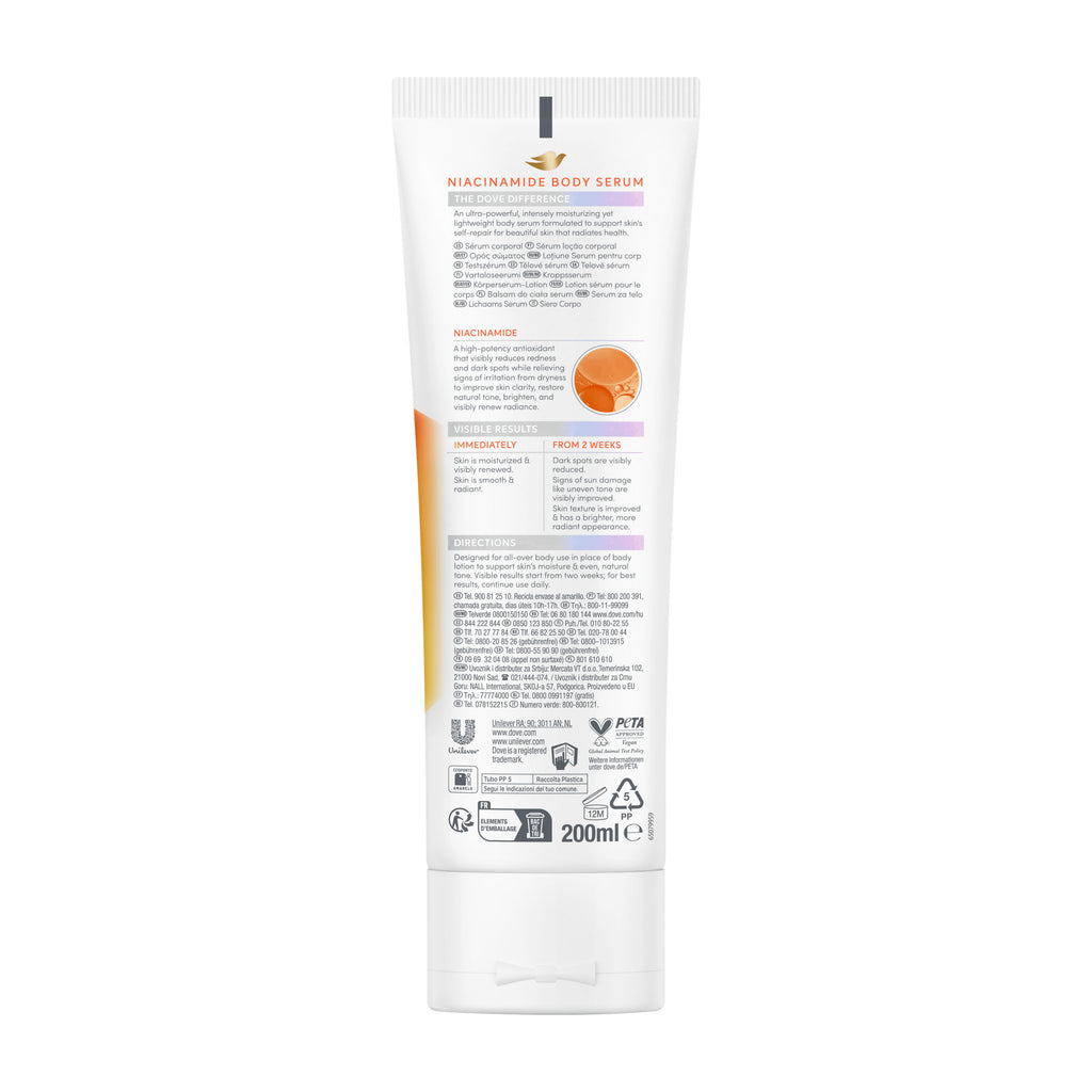 Back view of Dove Niacinamide + Even Tone body serum tube on a white background on a white background