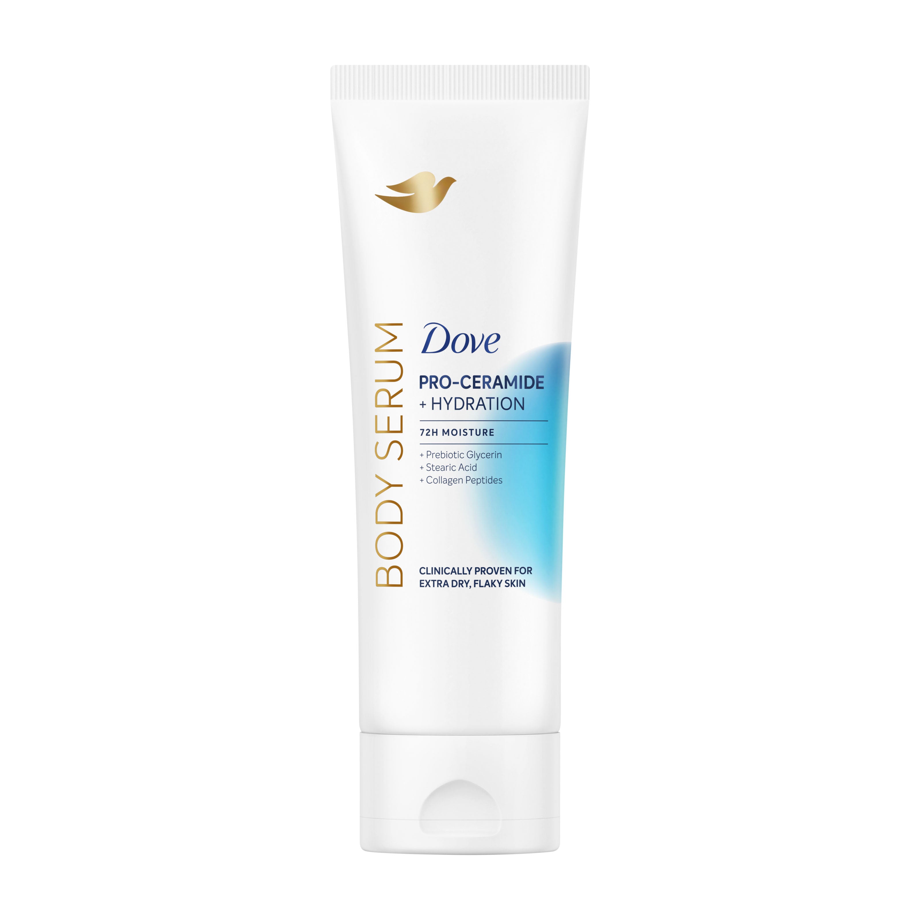 Dove Pro-Ceramide + Hydration body serum tube on a white background