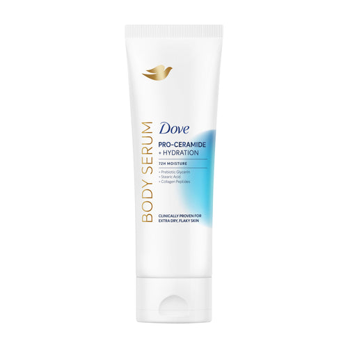 Dove Pro-Ceramide + Hydration body serum tube on a white background