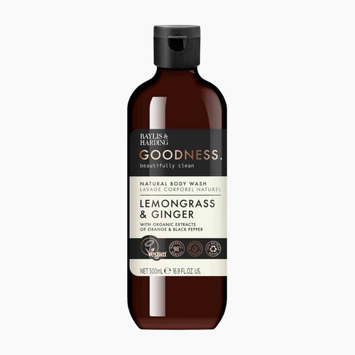 A 500 mL bottle of Baylis & Harding Goodness Lemongrass & Ginger natural body wash, shown against a plain white background.