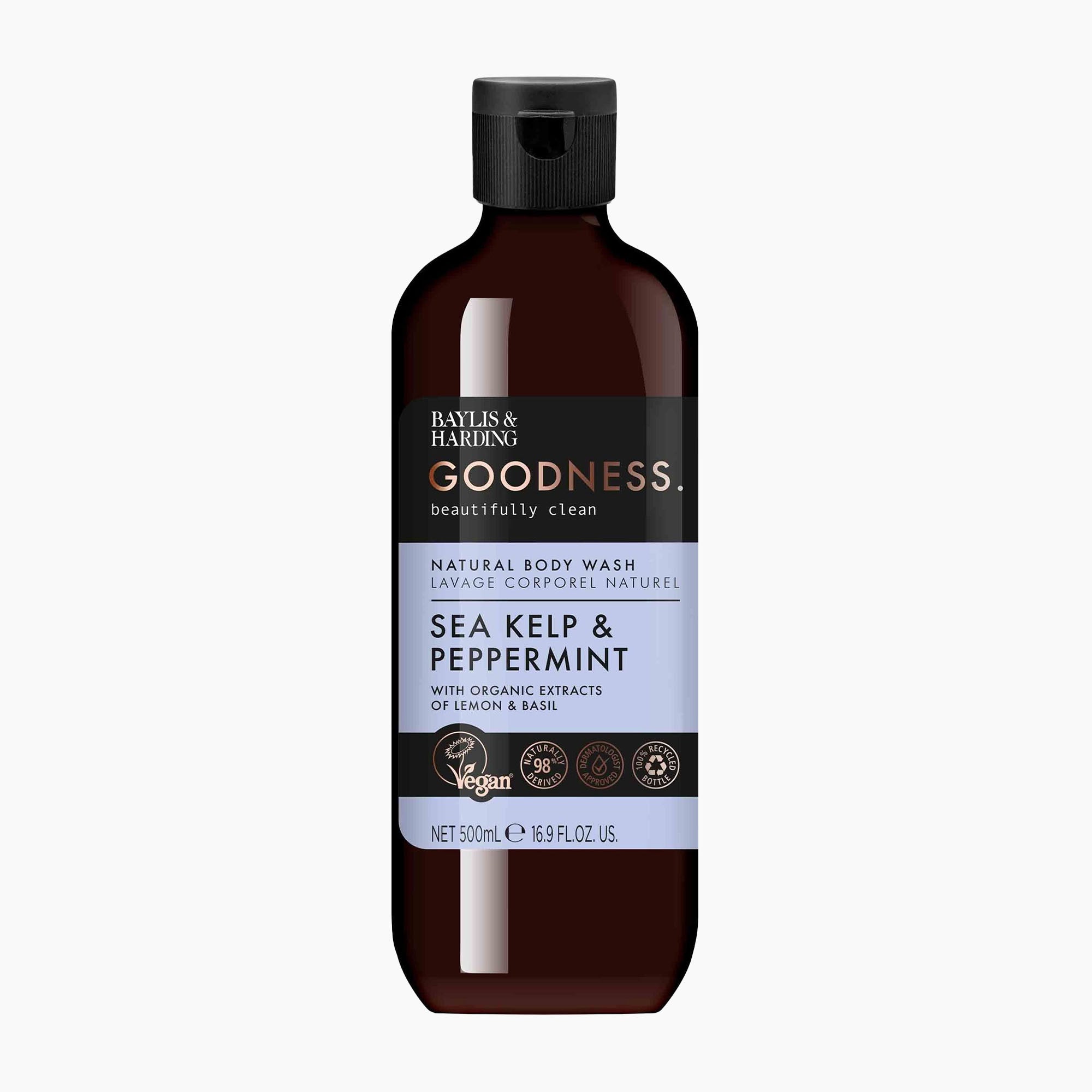 A 500ml bottle of Baylis & Harding Goodness Sea Kelp & Peppermint Natural Body Wash. The bottle is dark amber brown with a black cap and a label featuring black, white, and light blue sections.