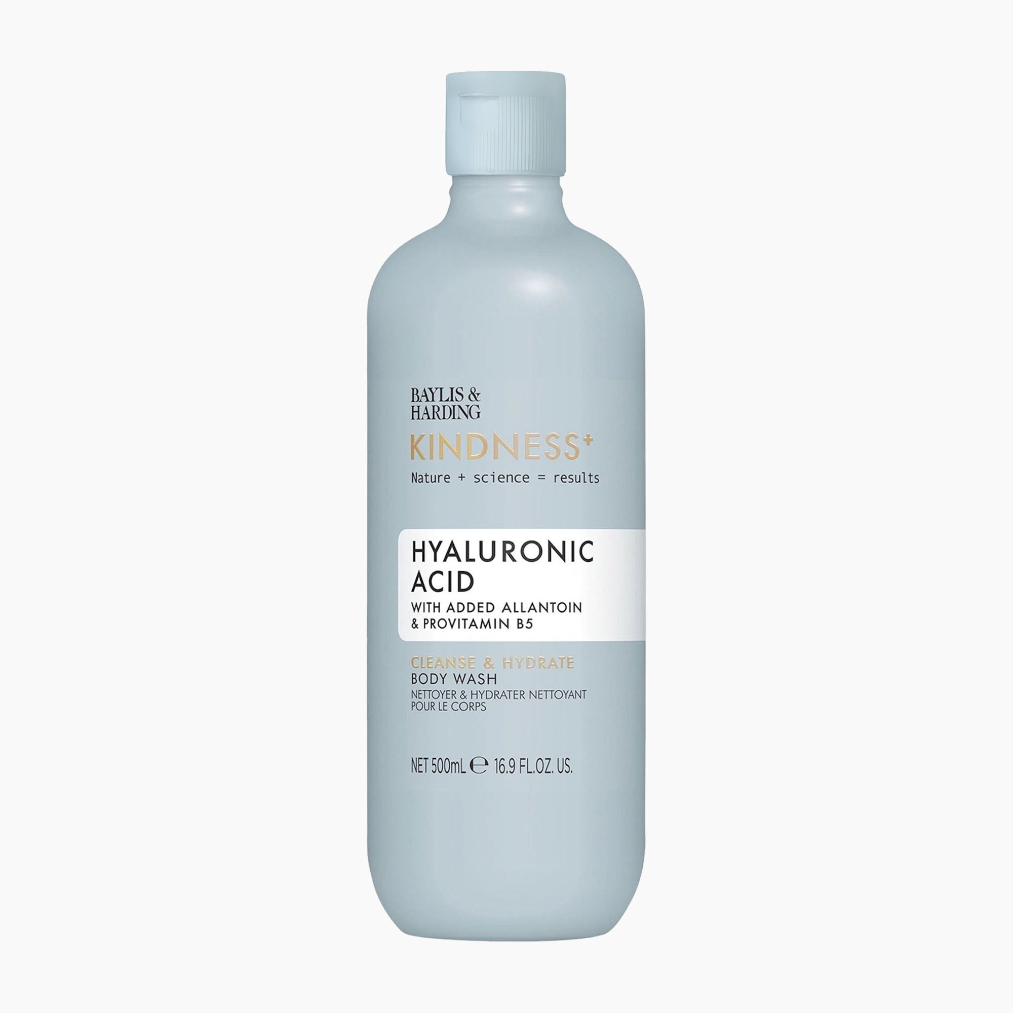 A 500 mL bottle of Baylis & Harding Kindness+ Hyaluronic Acid body wash, featuring a pale blue-gray bottle and a white label with gold and black text, set against a plain light gray background.