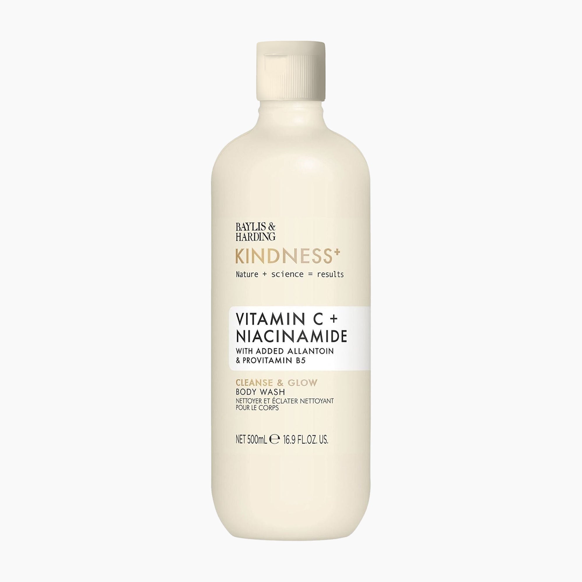 A 500 mL bottle of Baylis & Harding Kindness+ Vitamin C + Niacinamide body wash, shown on a clean white background.