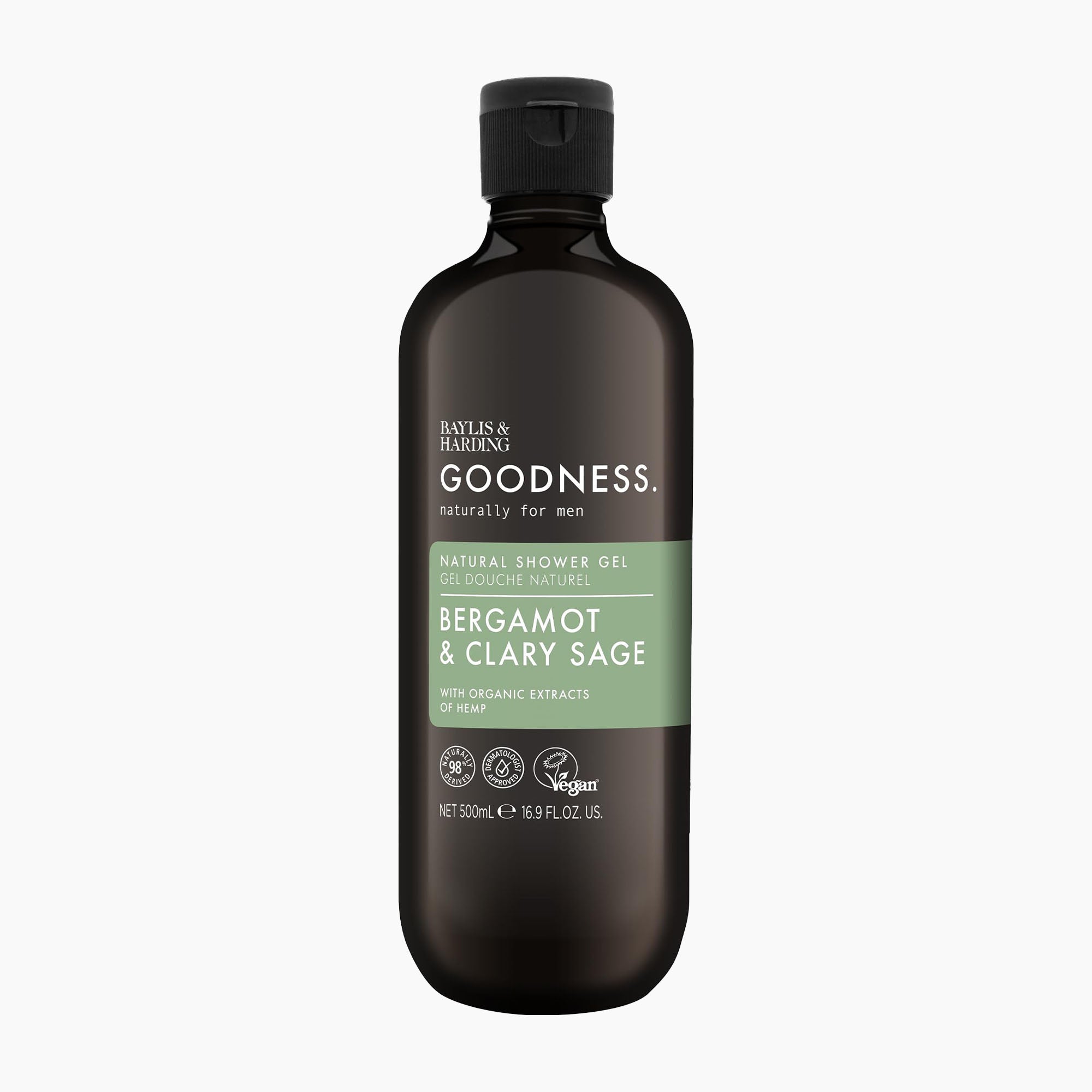 A 500 mL bottle of Baylis & Harding Goodness Natural Shower Gel for men, in Bergamot & Clary Sage scent. The bottle is dark brown with a black cap and a green label, shown on a light gray background.