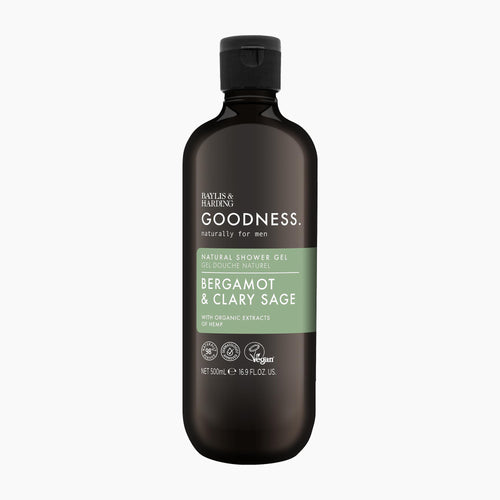 A 500 mL bottle of Baylis & Harding Goodness Natural Shower Gel for men, in Bergamot & Clary Sage scent. The bottle is dark brown with a black cap and a green label, shown on a light gray background.