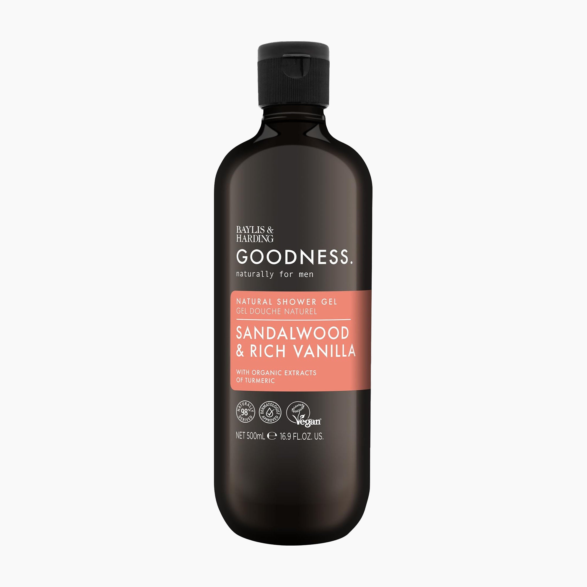 A 500 mL bottle of Baylis & Harding Men Goodness Natural Shower Gel in Sandalwood & Rich Vanilla scent, shown on a clean white background.