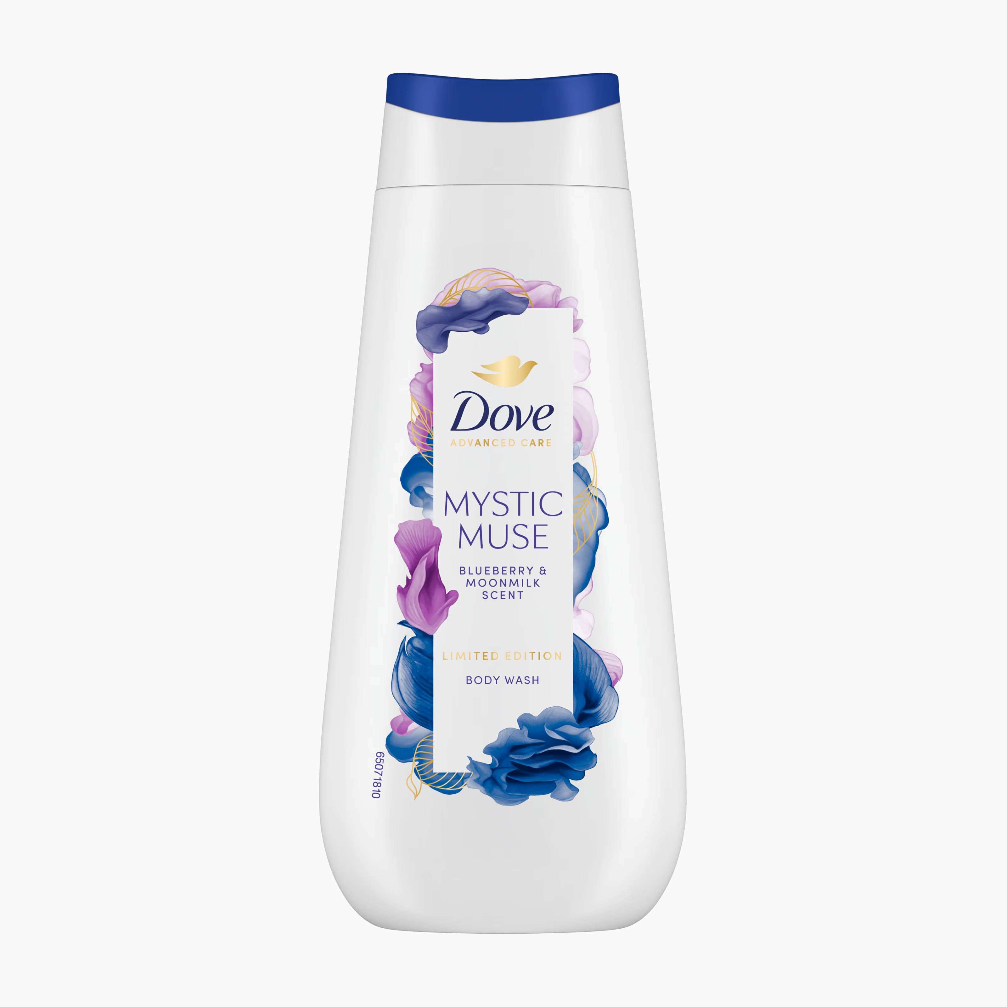 A bottle of Dove Advanced Care Mystic Muse body wash with blueberry and moonmilk scent, featuring a white bottle with a blue cap and purple/blue floral graphics on the label.