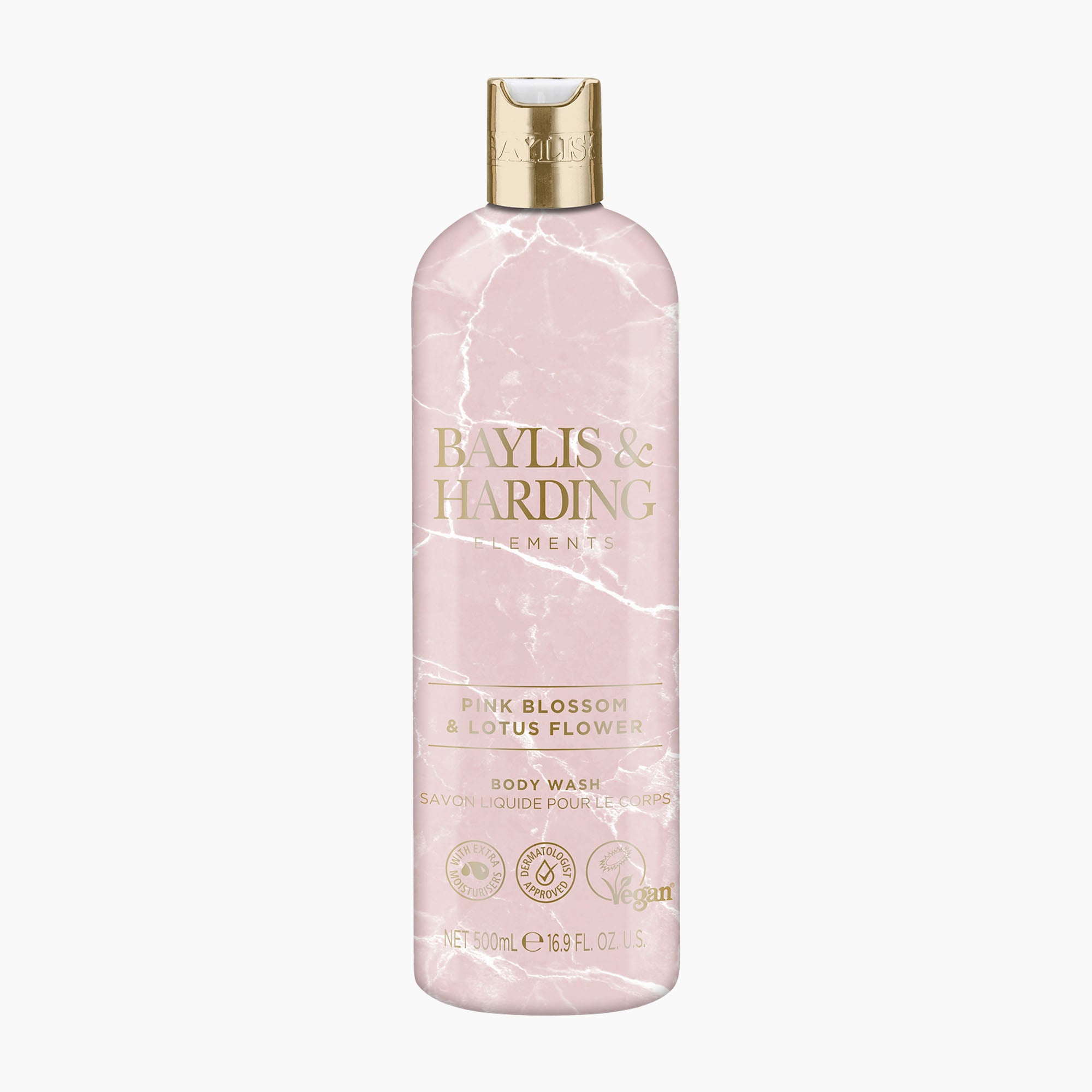 A bottle of Baylis & Harding Elements body wash in 'Pink Blossom & Lotus Flower' scent, featuring a light pink marble-textured bottle with gold lettering and a gold cap, set against a plain white background.