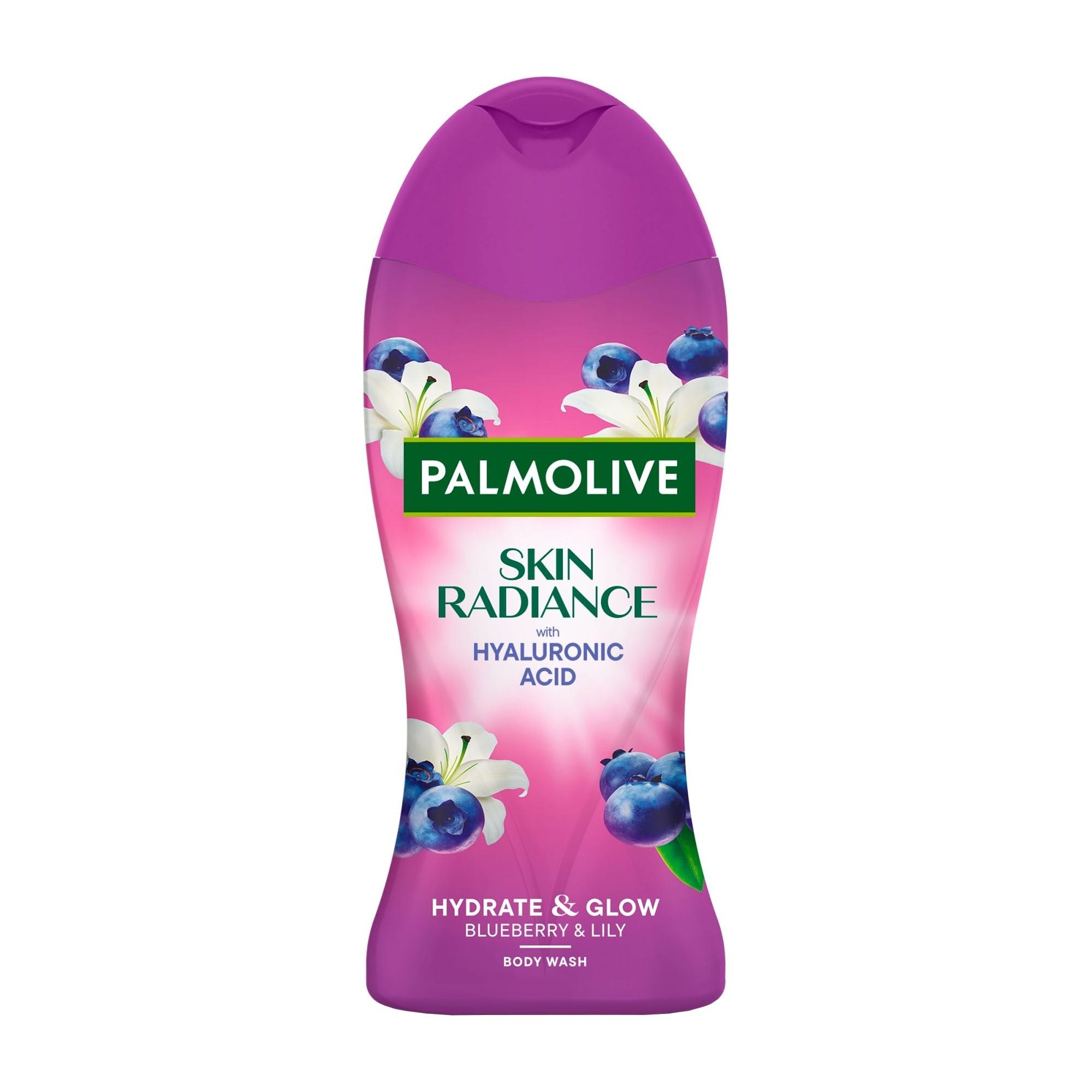 Palmolive Skin Radiance Blueberry & Lily body wash bottle with blueberries and lilies on a pink background