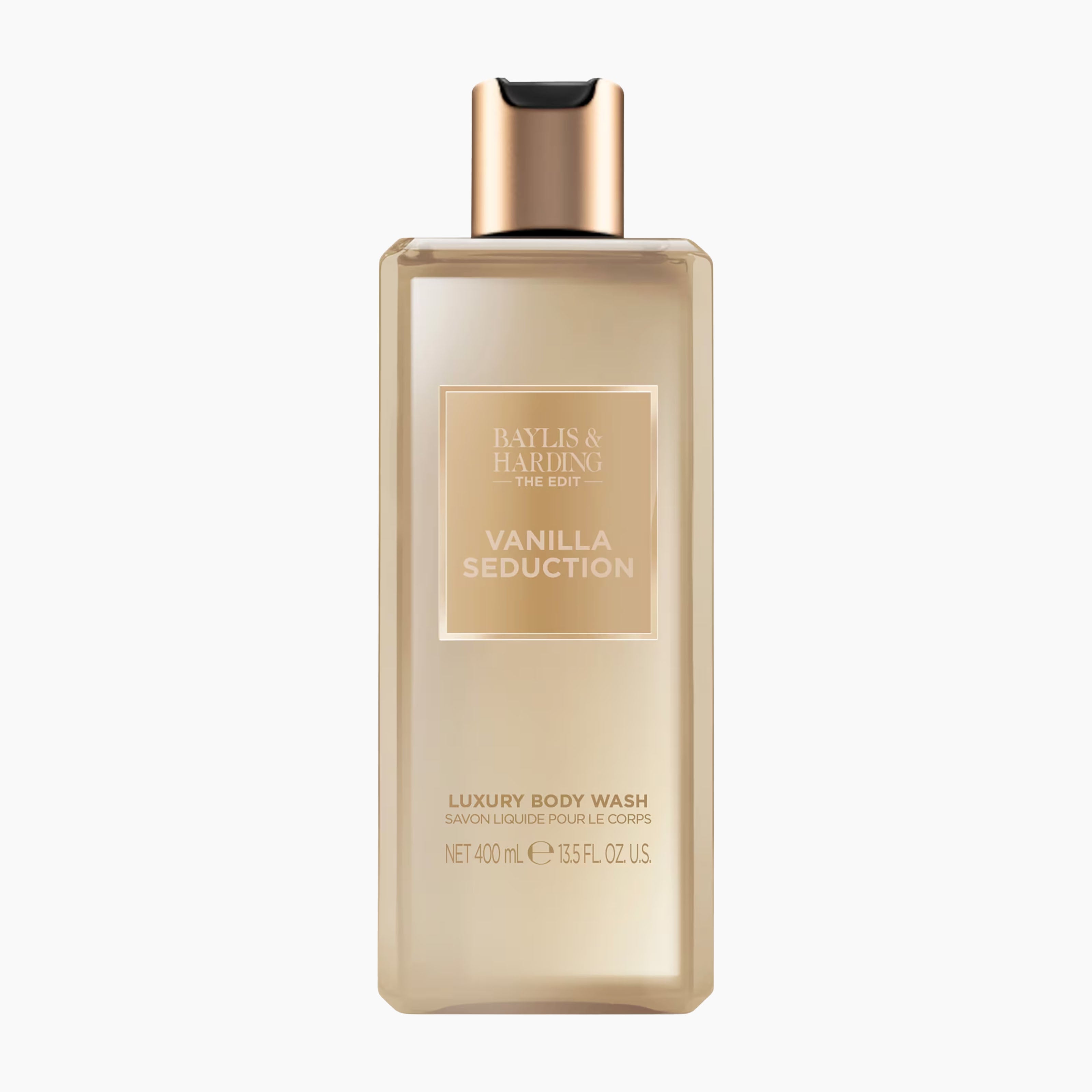 A bottle of Baylis & Harding The Edit Vanilla Seduction Luxury Body Wash, featuring a frosted beige bottle and a metallic gold cap, set against a plain white background.