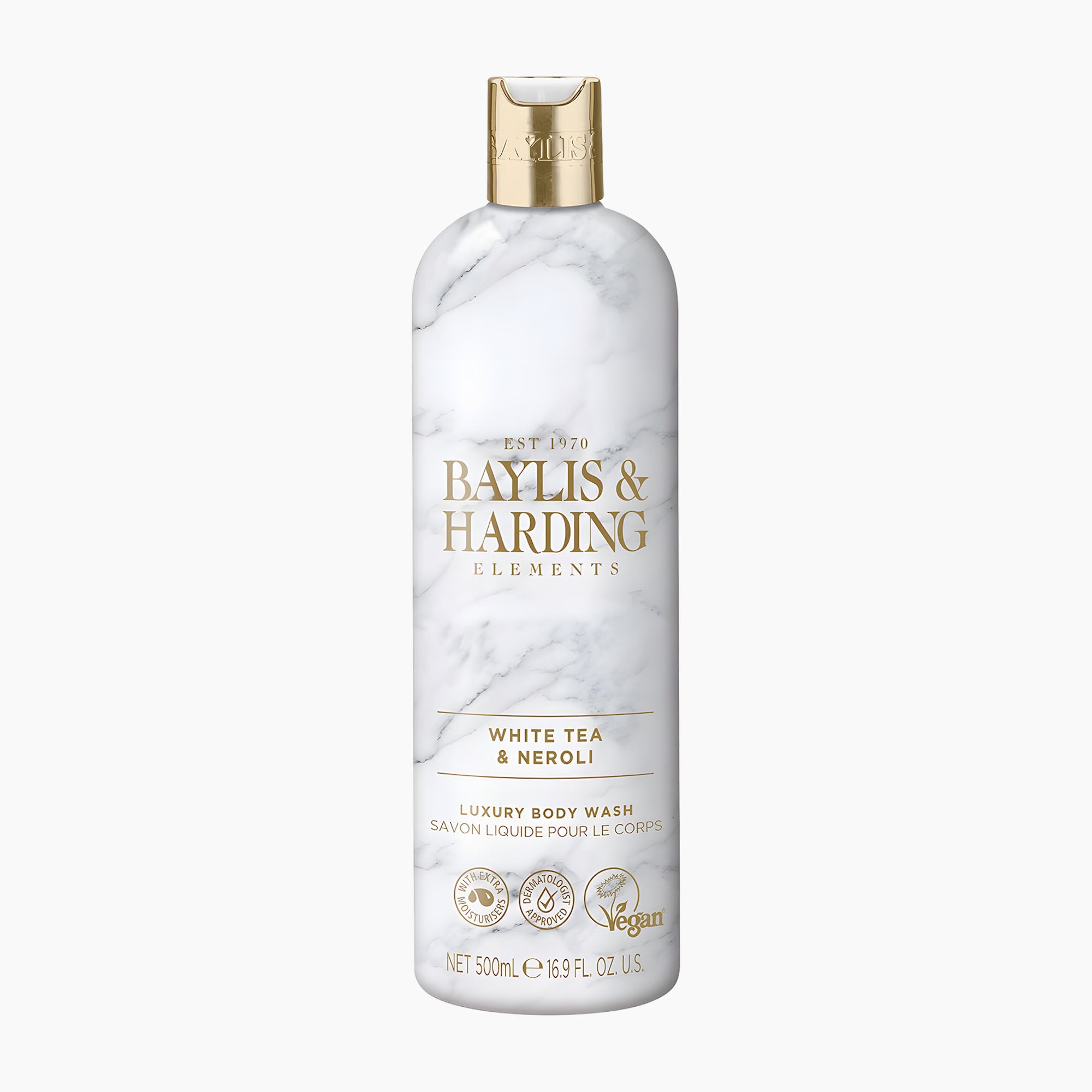 A 500ml bottle of Baylis & Harding Elements White Tea & Neroli luxury body wash, featuring a white marble pattern with gold lettering and a gold cap, set against a plain white background.