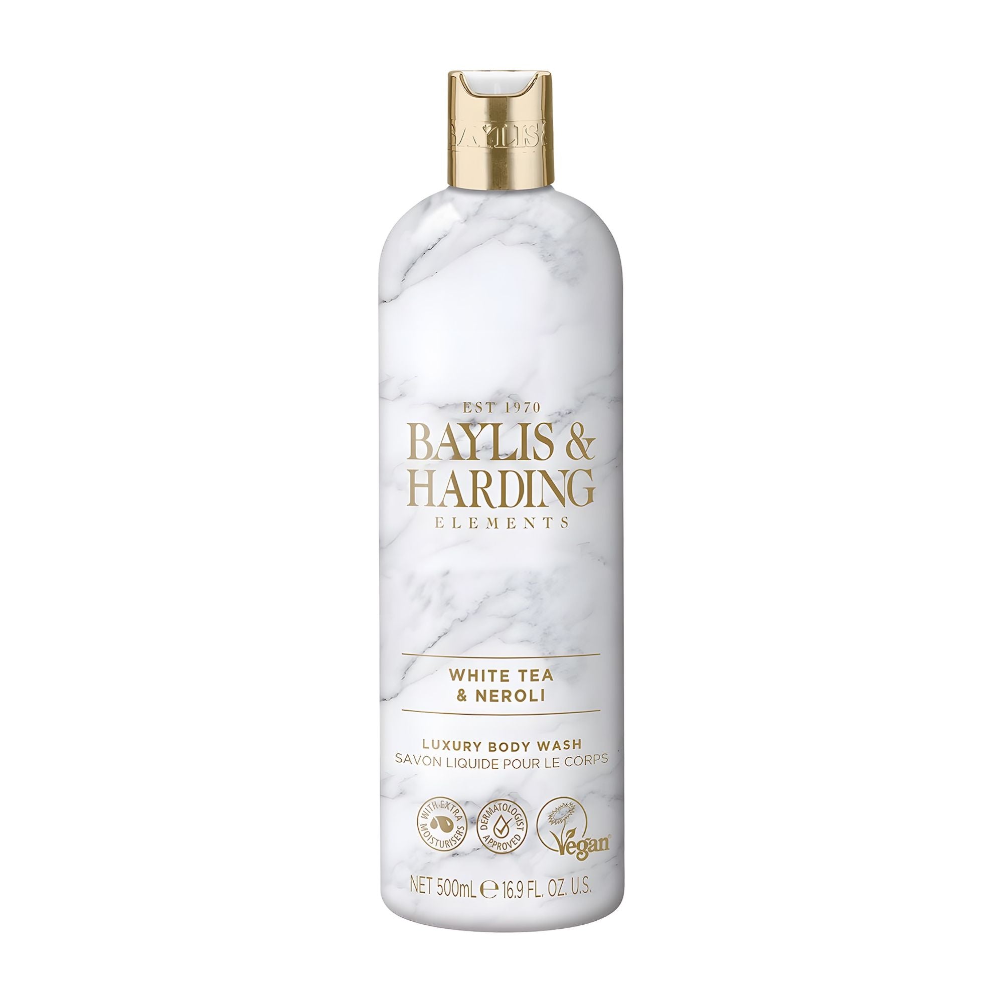 Bottle of Baylis & Harding Elements White Tea & Neroli Luxury Body Wash with a marble-effect design.
