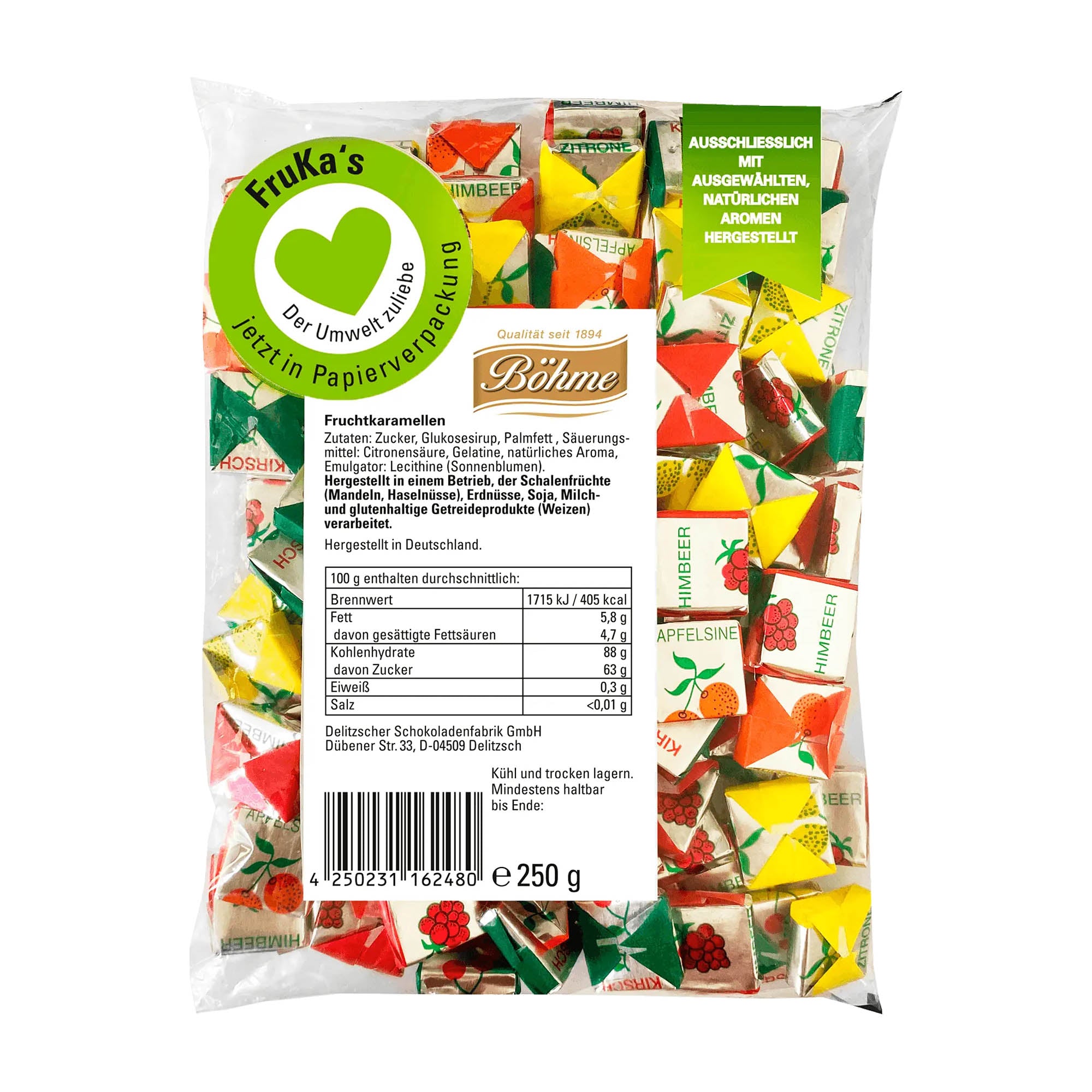 Packaging of Böhme Fruit Caramels chewy candy with colorful candy pieces and brand logo.