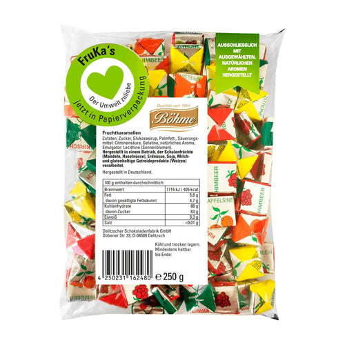 Packaging of Böhme Fruit Caramels chewy candy with colorful candy pieces and brand logo.