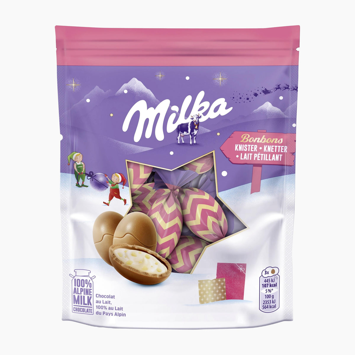 A package of Milka Bonbons Knister in a purple and pink stand-up pouch with a clear window showing the patterned eggs inside.