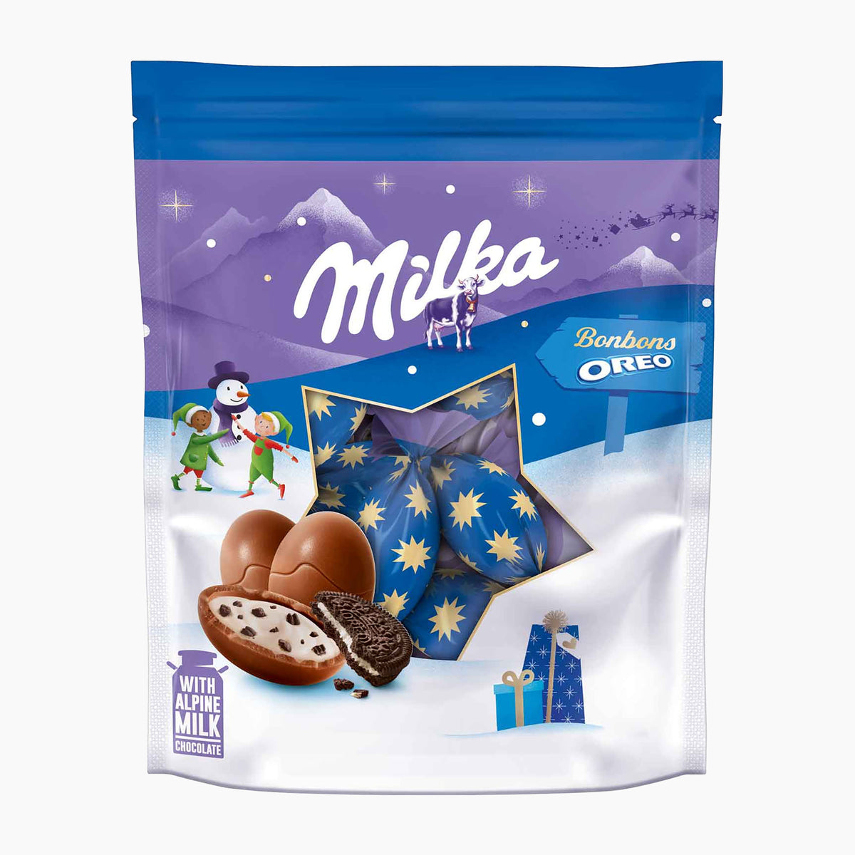 A package of Milka Bonbons Oreo chocolate eggs in a decorative winter-themed stand-up pouch. The packaging features a blue and purple snowy mountain background with the white 'Milka' logo, a star-shaped window showing blue chocolate eggs with gold stars, and illustrations of snowman figures, gifts, and an opened chocolate egg with Oreo cookie filling.